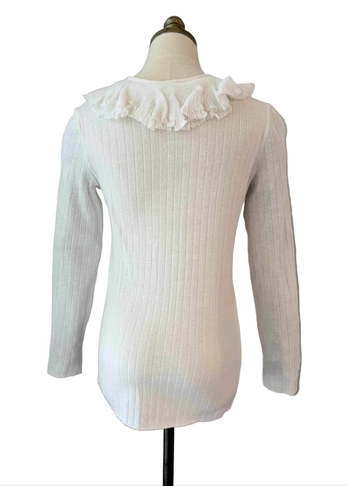 1970s Ivory Ribbed Cotton Knit Sweater with Ruffle Neckline & Gold-Tone Hinged Hoop Details