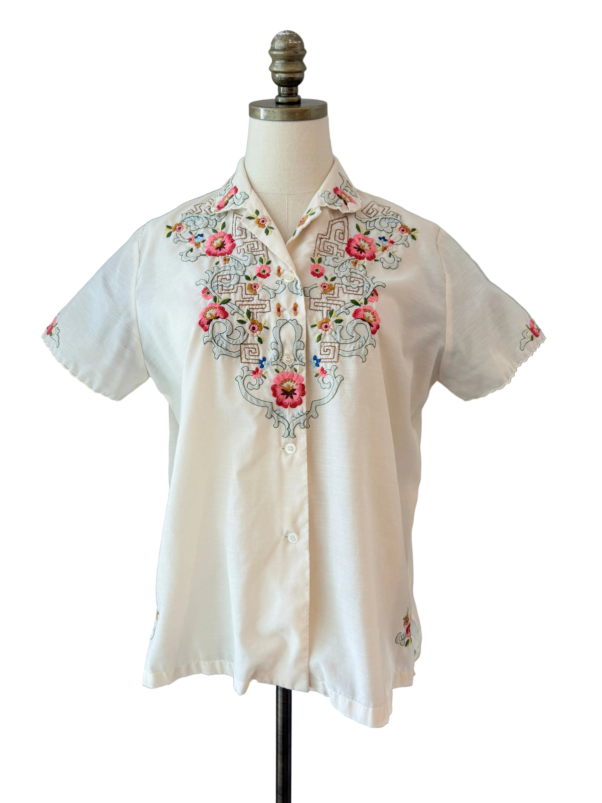 1960s Daffodil Ivory Hand-Embroidered Short-Sleeve Button-Front Top