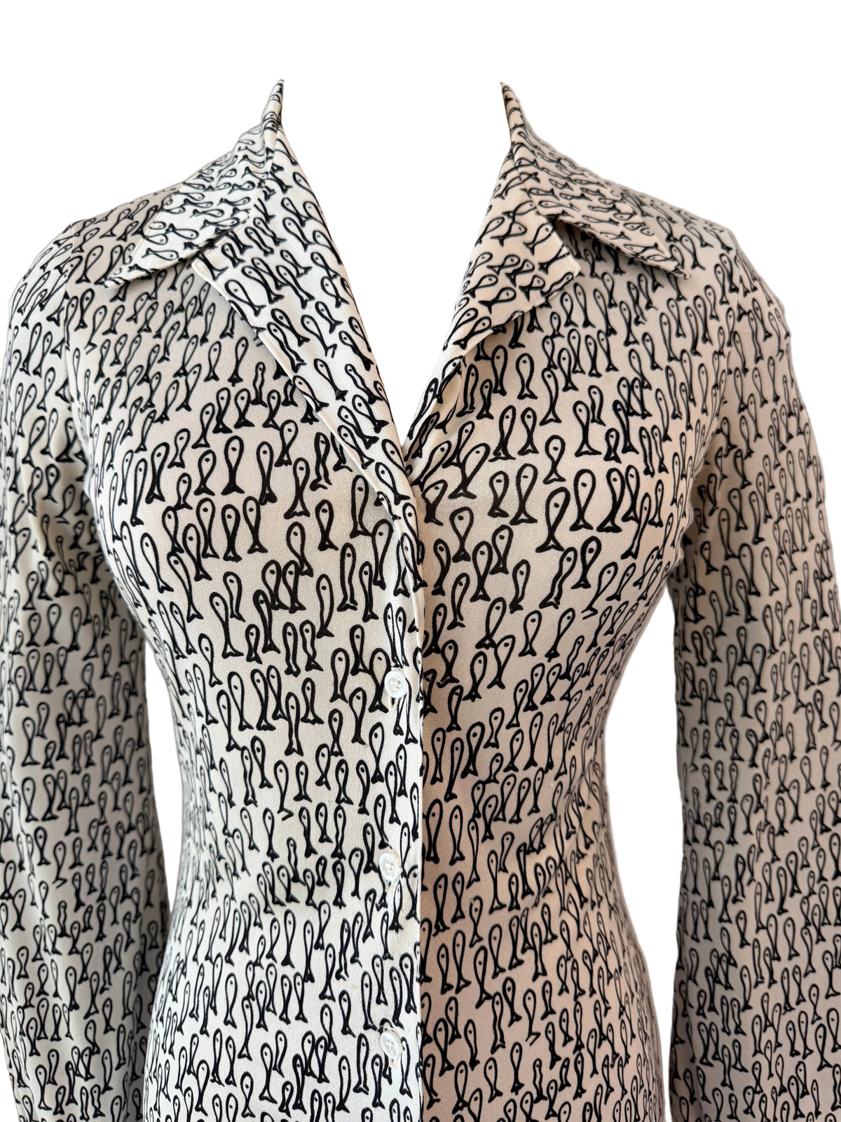 1970s Halston VI Silk Black Fish Print Button-Front Blouse with Dagger Collar & Matching Belt