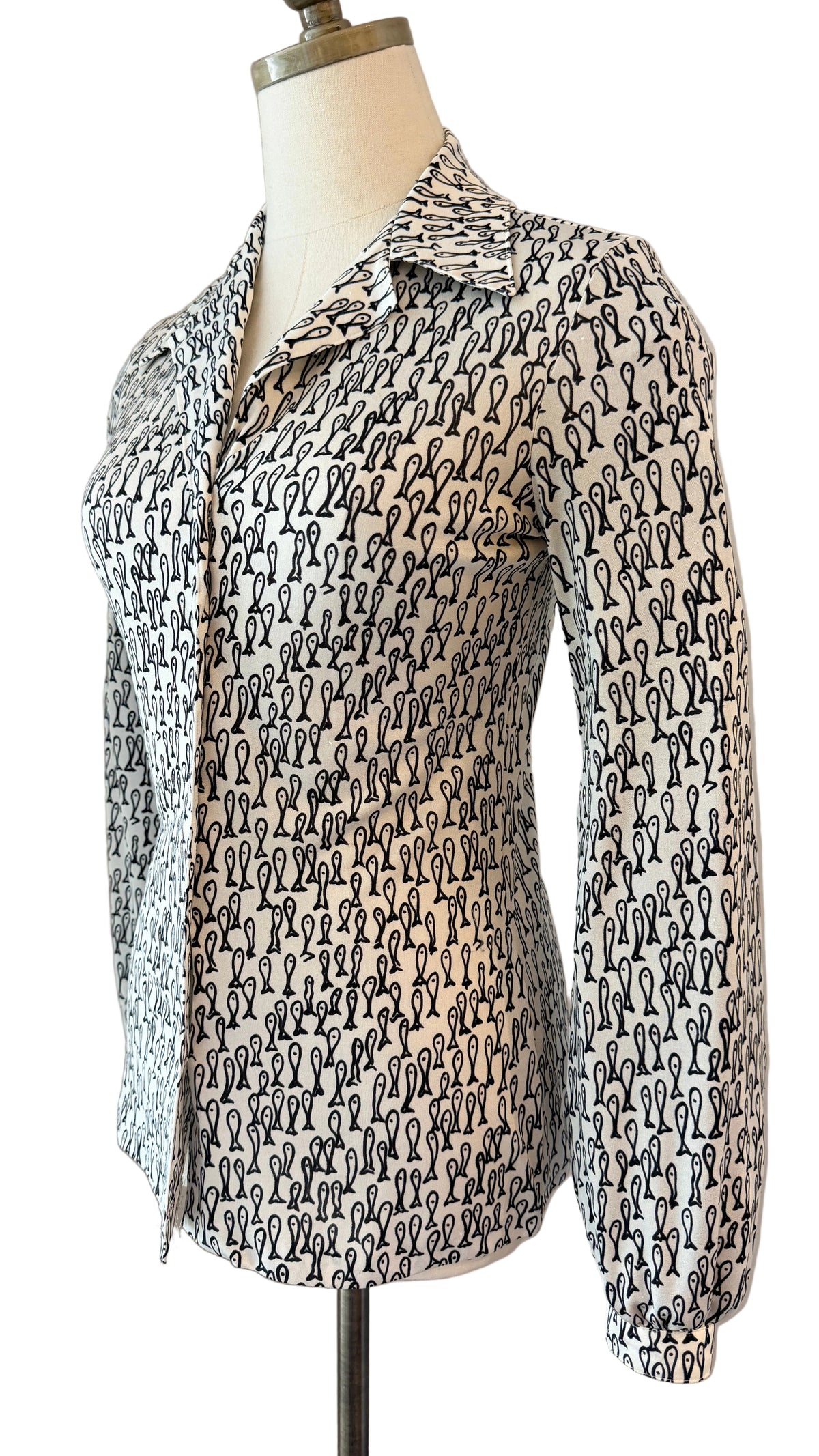 1970s Halston VI Silk Black Fish Print Button-Front Blouse with Dagger Collar & Matching Belt