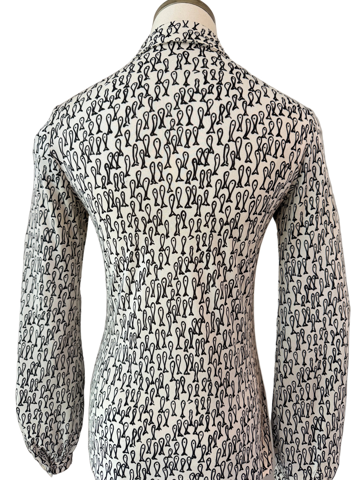 1970s Halston VI Silk Black Fish Print Button-Front Blouse with Dagger Collar & Matching Belt