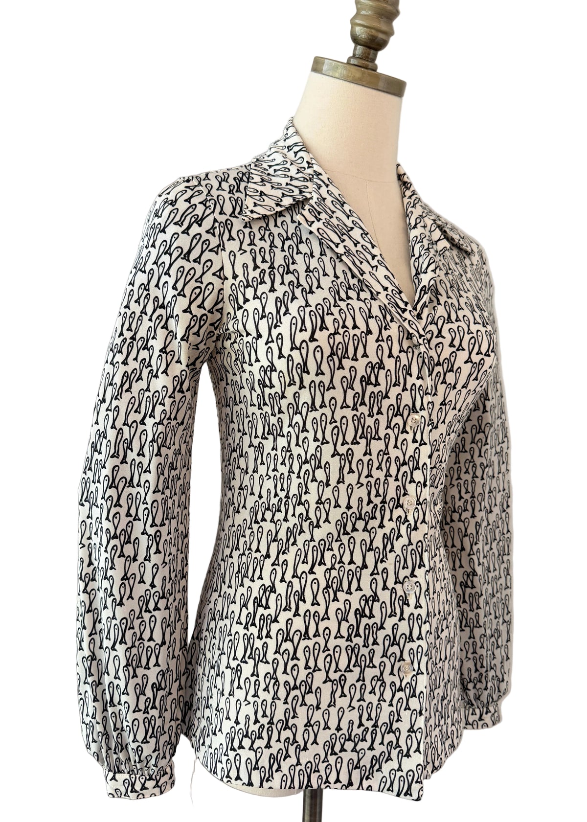 1970s Halston VI Silk Black Fish Print Button-Front Blouse with Dagger Collar & Matching Belt