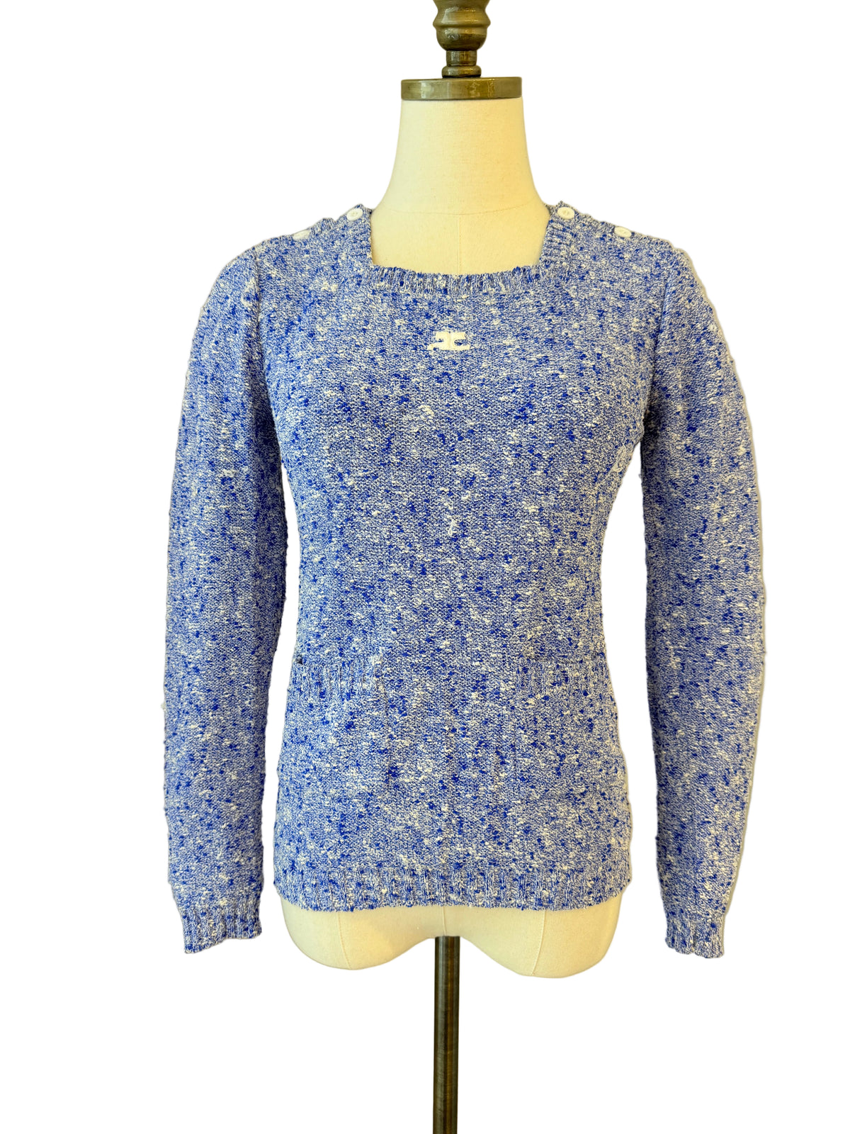 1970s Courrèges Blue & White Speckled Knit Sweater with Square Neckline, Shoulder Buttons & Embroidered Logo