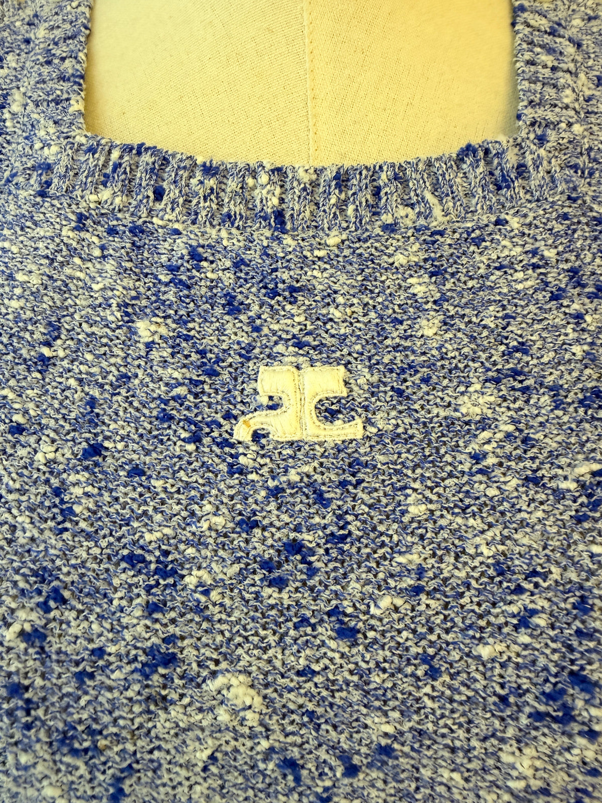 1970s Courrèges Blue & White Speckled Knit Sweater with Square Neckline, Shoulder Buttons & Embroidered Logo