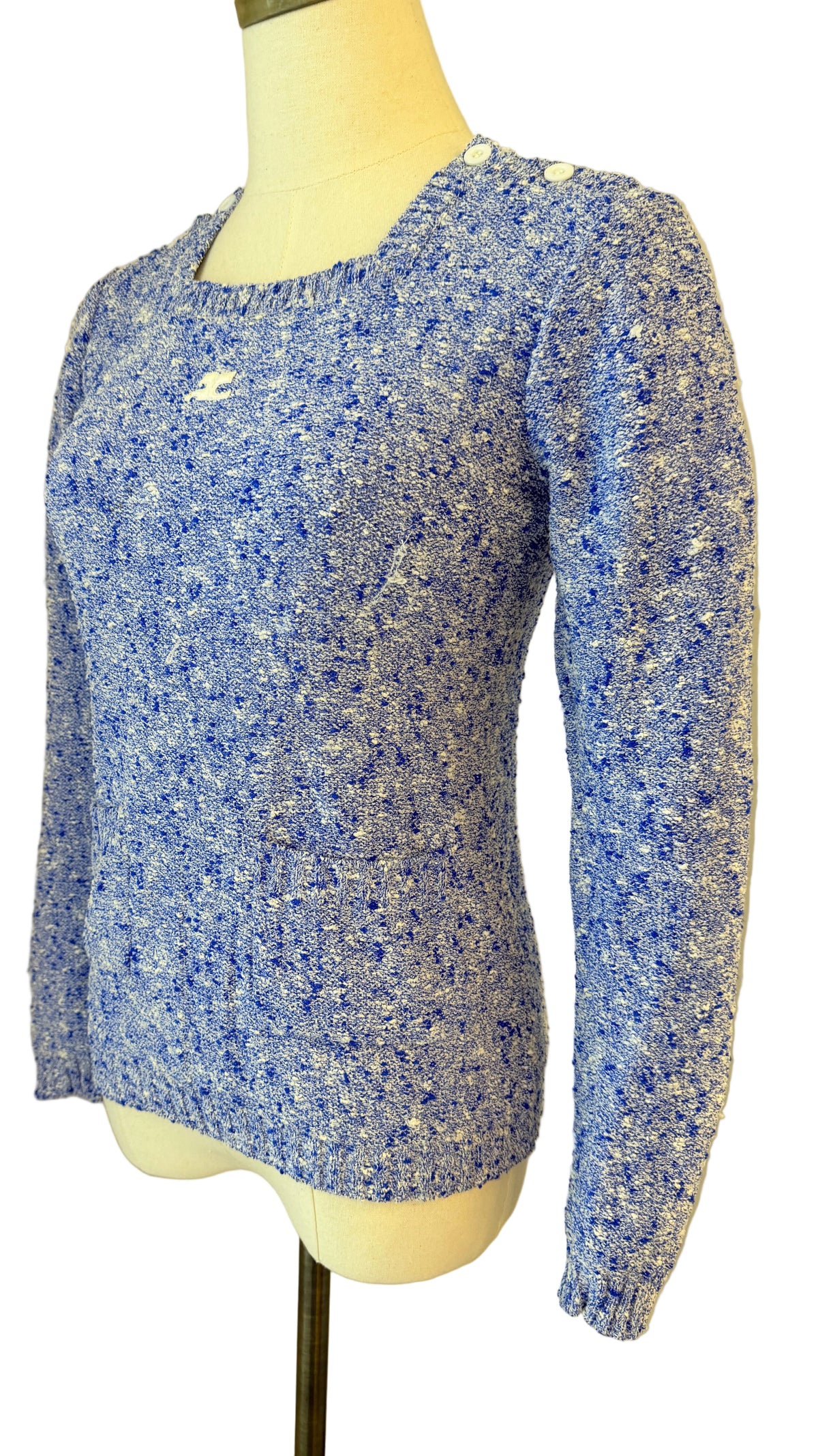1970s Courrèges Blue & White Speckled Knit Sweater with Square Neckline, Shoulder Buttons & Embroidered Logo