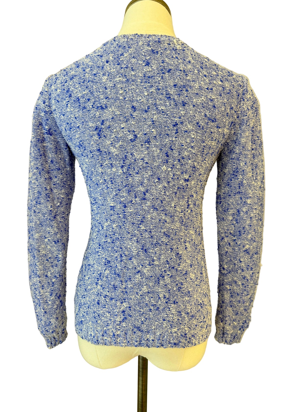 1970s Courrèges Blue & White Speckled Knit Sweater with Square Neckline, Shoulder Buttons & Embroidered Logo