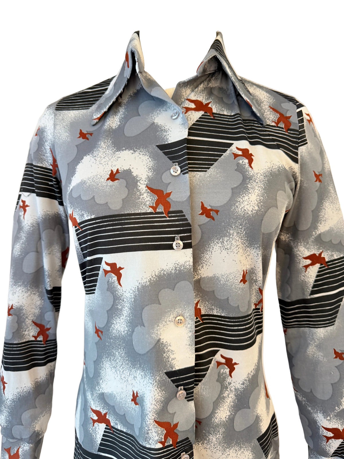 1970s Divanti Clouds & Birds Novelty Print Button-Front Blouse