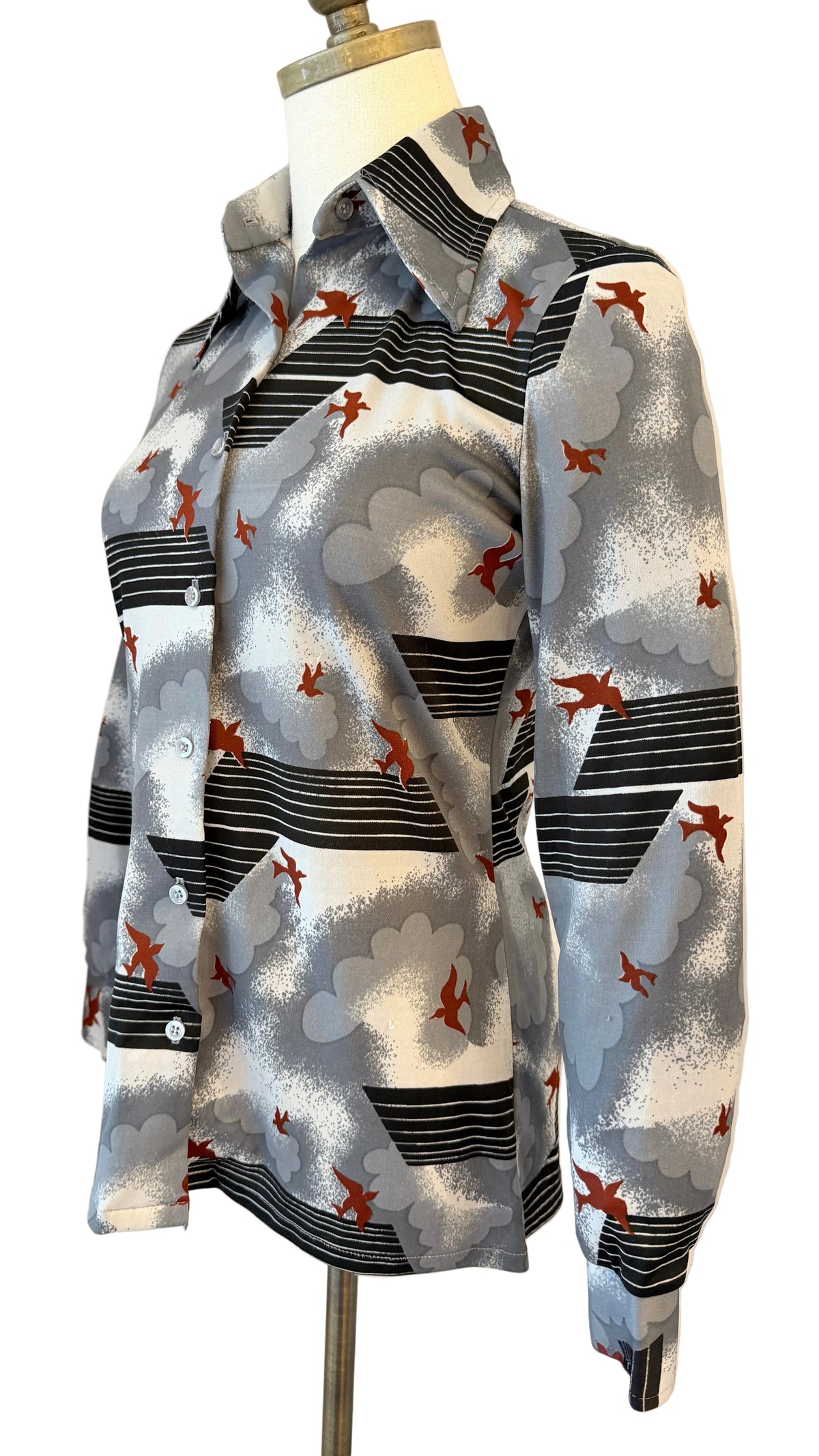 1970s Divanti Clouds & Birds Novelty Print Button-Front Blouse