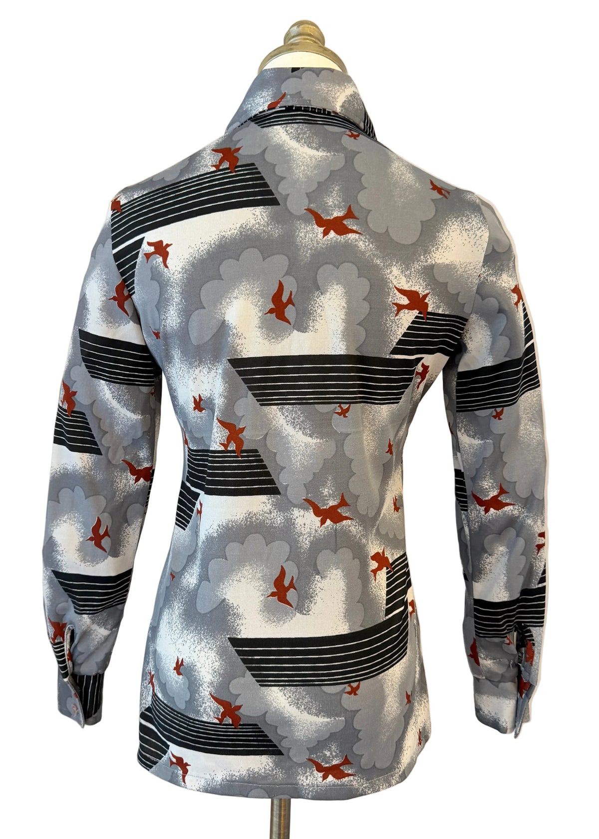 1970s Divanti Clouds & Birds Novelty Print Button-Front Blouse