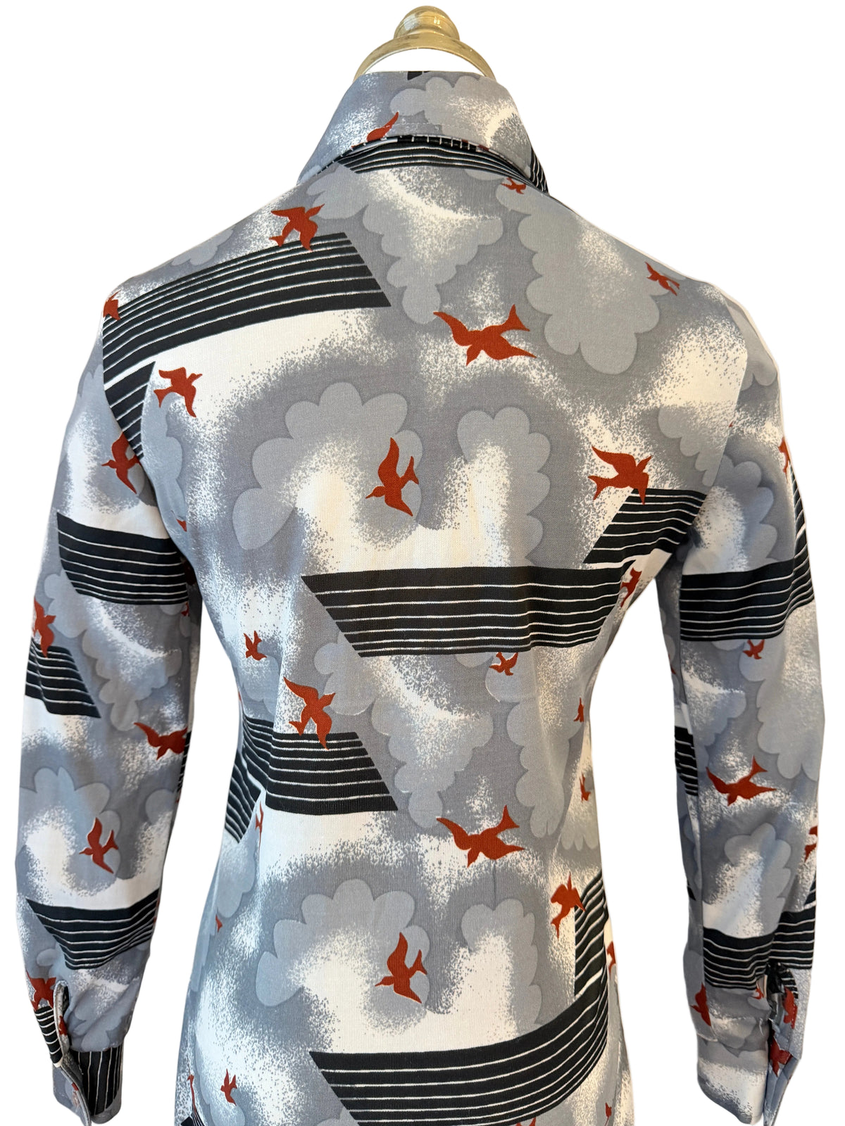 1970s Divanti Clouds & Birds Novelty Print Button-Front Blouse