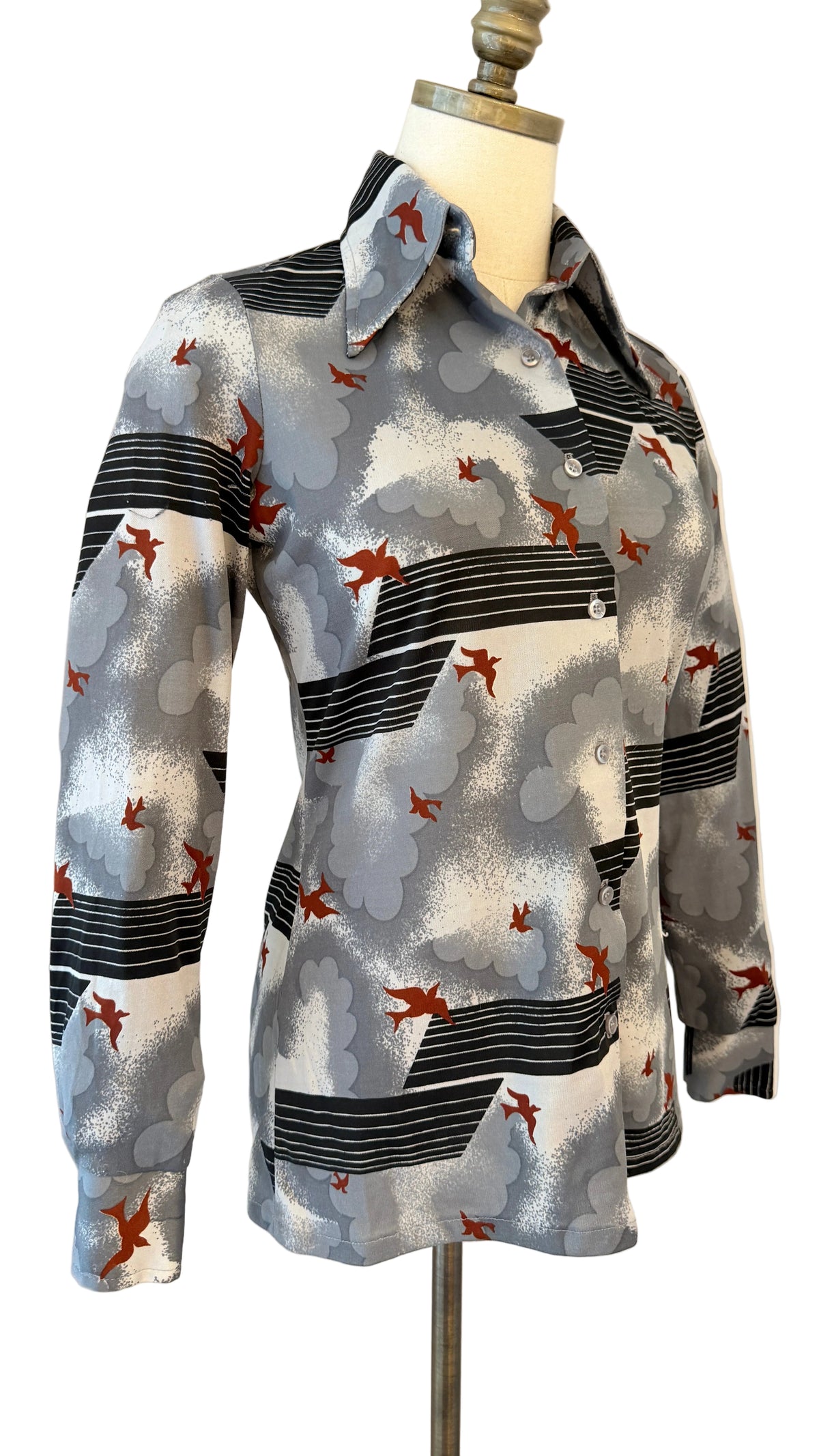 1970s Divanti Clouds & Birds Novelty Print Button-Front Blouse