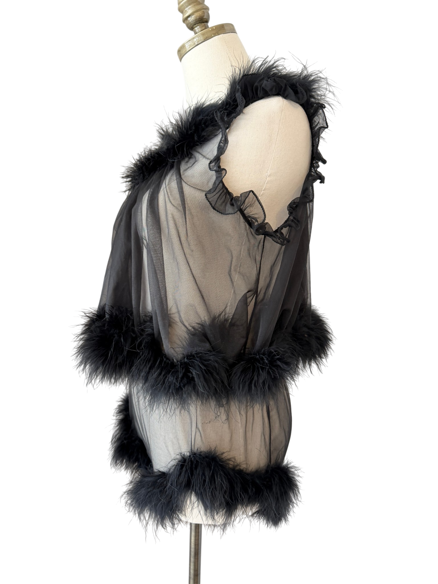 1950s Saks Fifth Avenue Sheer Black Babydoll & Panty Set with Feather Boa Trim (2-Piece)