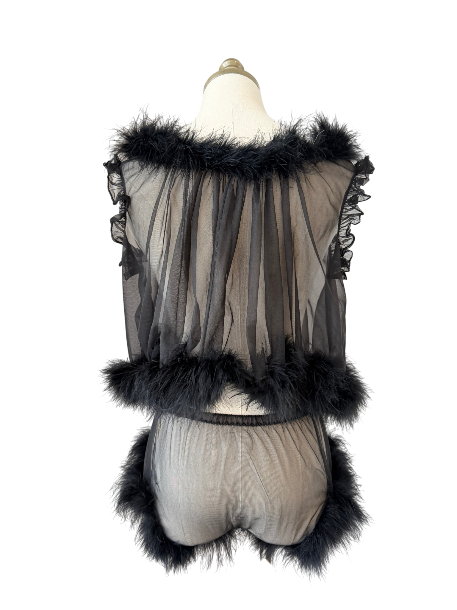 1950s Saks Fifth Avenue Sheer Black Babydoll & Panty Set with Feather Boa Trim (2-Piece)