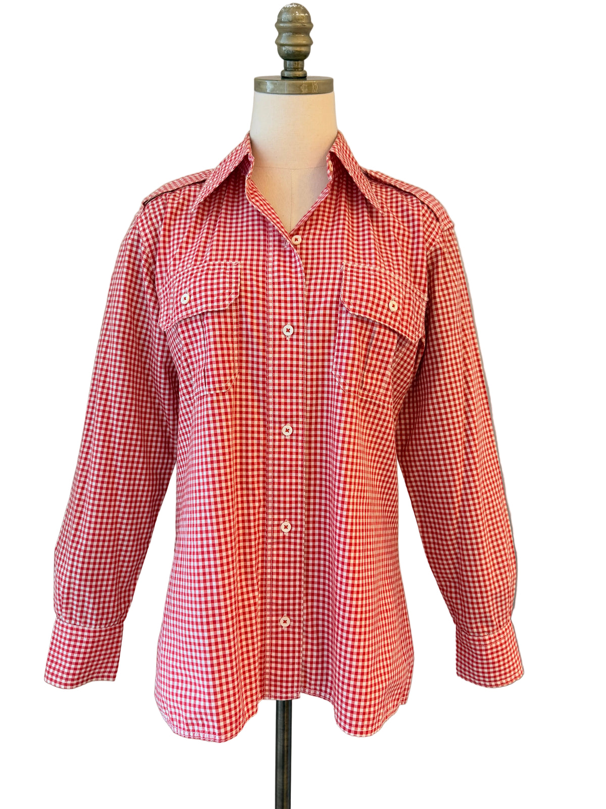 1970s Calvin Klein Red & White Gingham Button-Front Shirt with Shoulder Tabs & Front Pockets