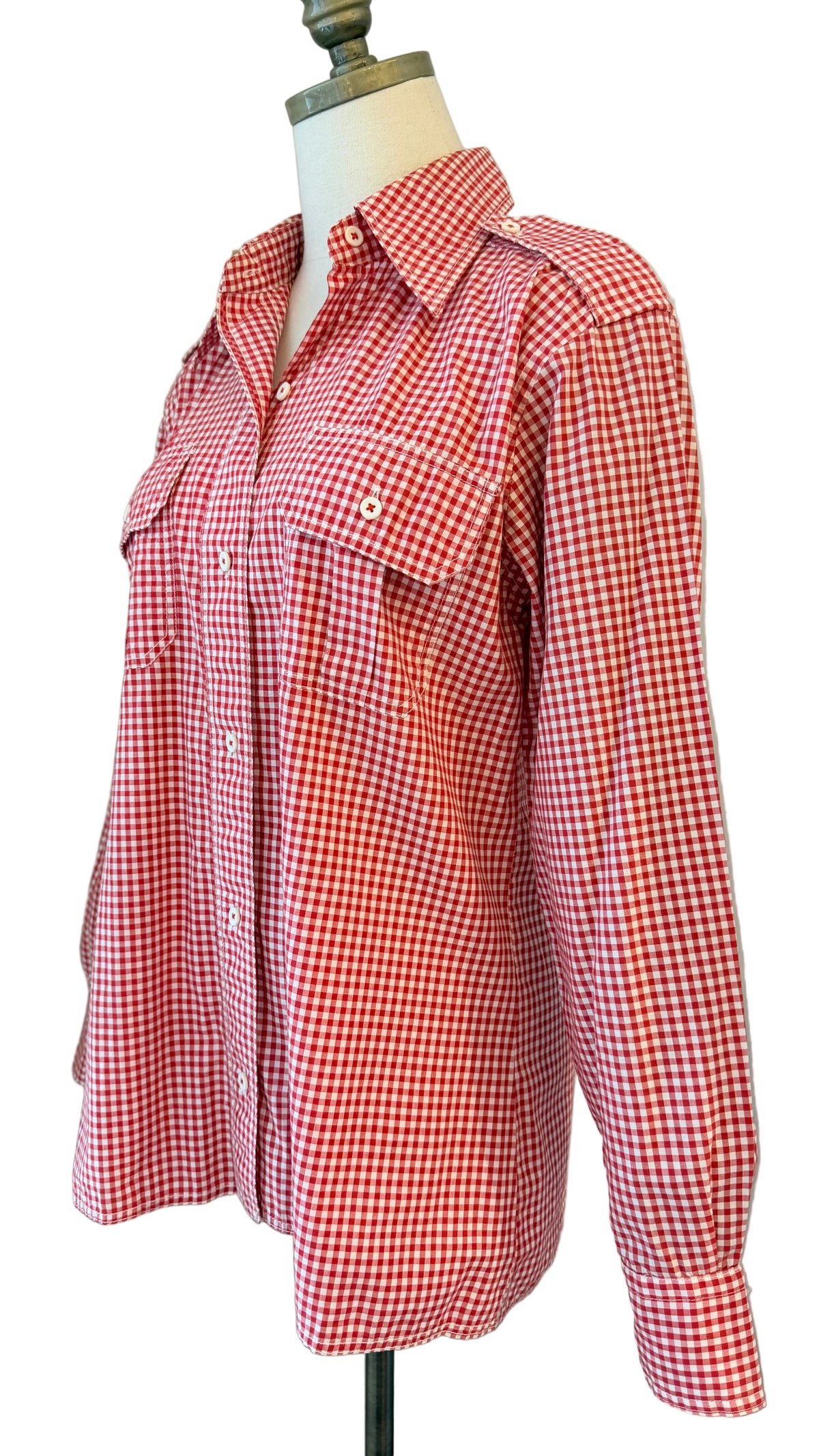1970s Calvin Klein Red & White Gingham Button-Front Shirt with Shoulder Tabs & Front Pockets