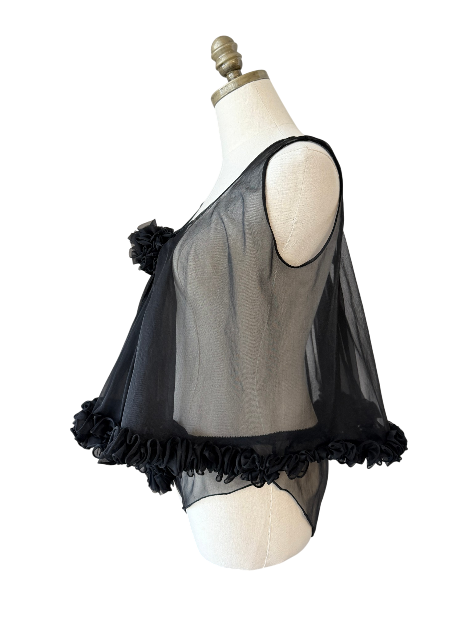 1950s Bloomingdale’s Black Sheer Babydoll & Panty Set with Ruffle and Rosette Detail