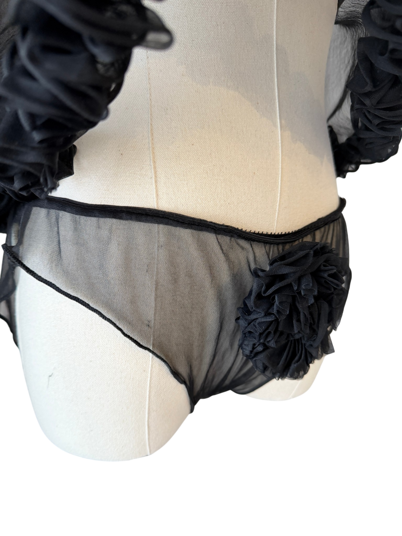 1950s Bloomingdale’s Black Sheer Babydoll & Panty Set with Ruffle and Rosette Detail
