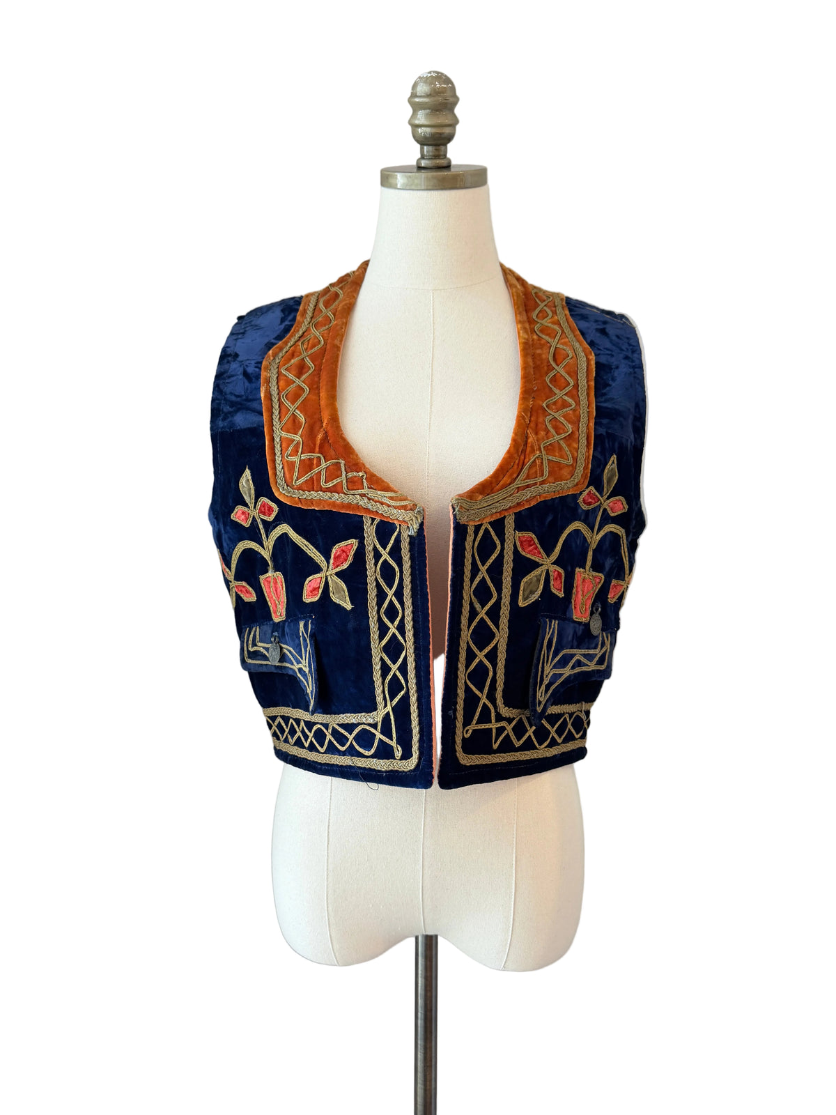1960s Traditional Turkish Velvet Cropped Vest with Gold Ribbon Work & Floral Pot Motifs