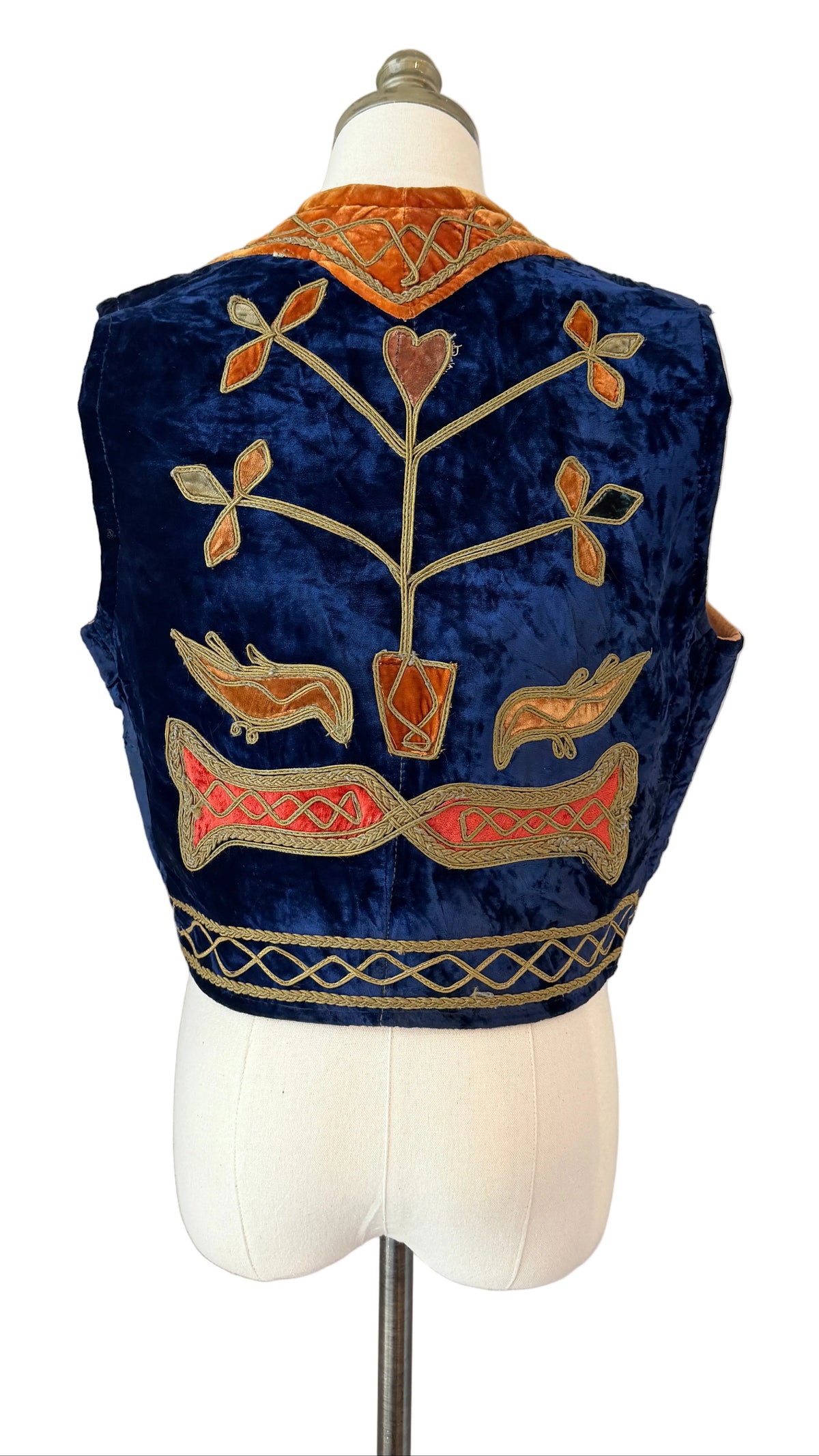 1960s Traditional Turkish Velvet Cropped Vest with Gold Ribbon Work & Floral Pot Motifs