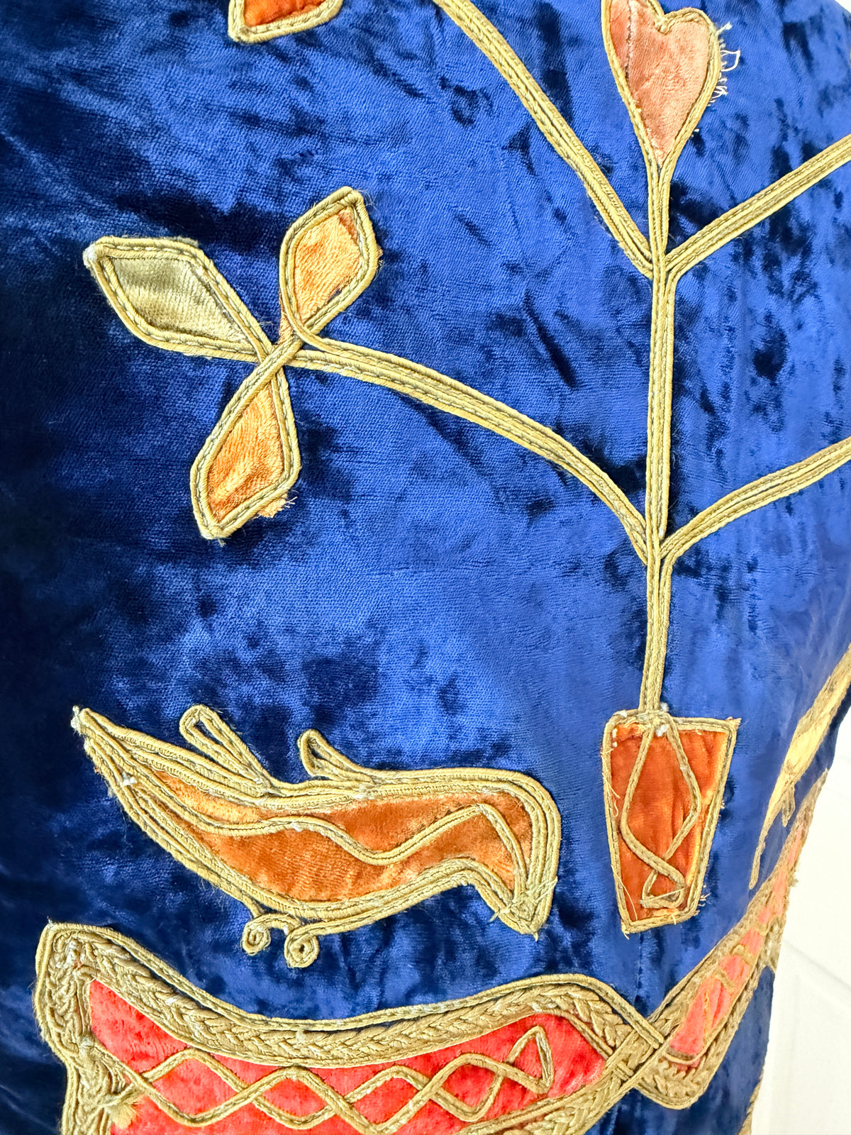 1960s Traditional Turkish Velvet Cropped Vest with Gold Ribbon Work & Floral Pot Motifs