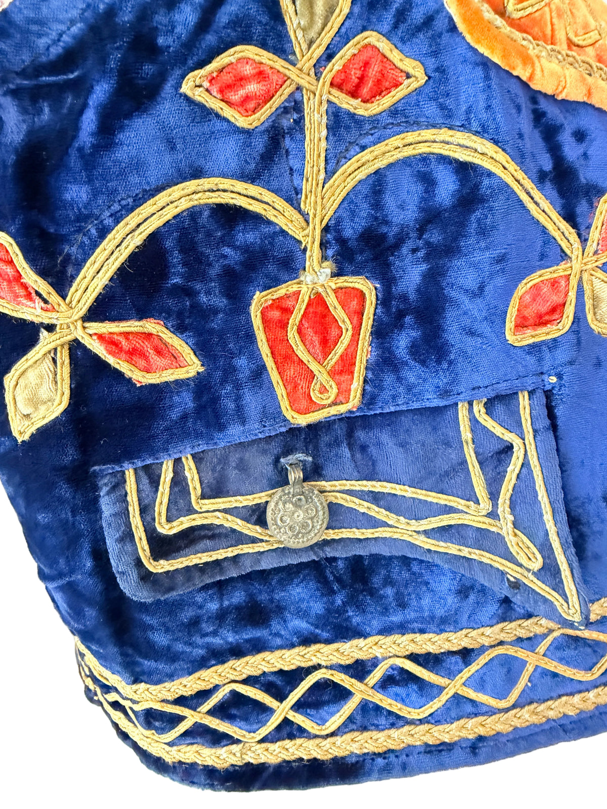 1960s Traditional Turkish Velvet Cropped Vest with Gold Ribbon Work & Floral Pot Motifs