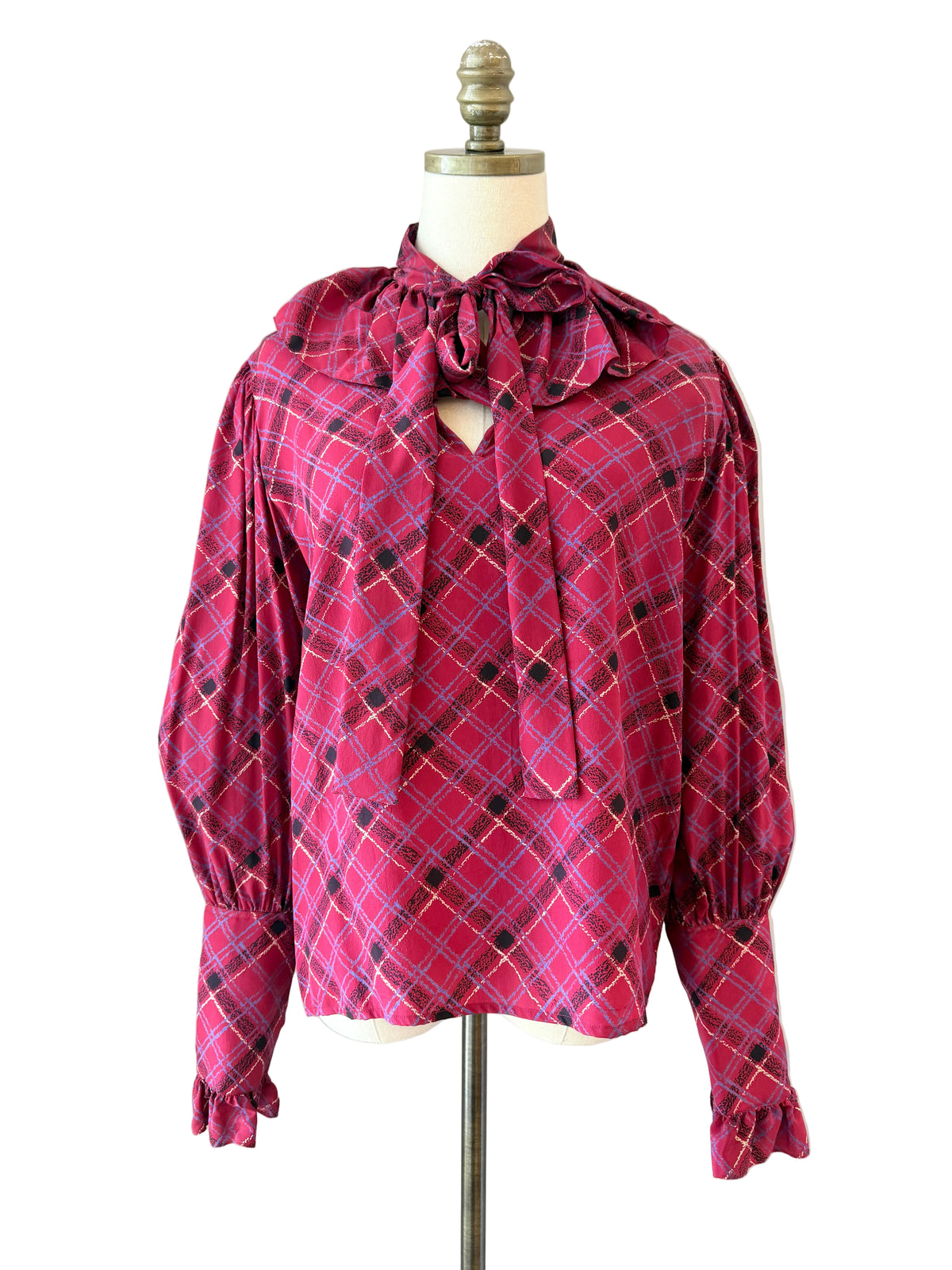 1970s Yves Saint Laurent Burgundy Plaid Silk Blouse with Ruffled Neckline, Cuffs & Neck Tie