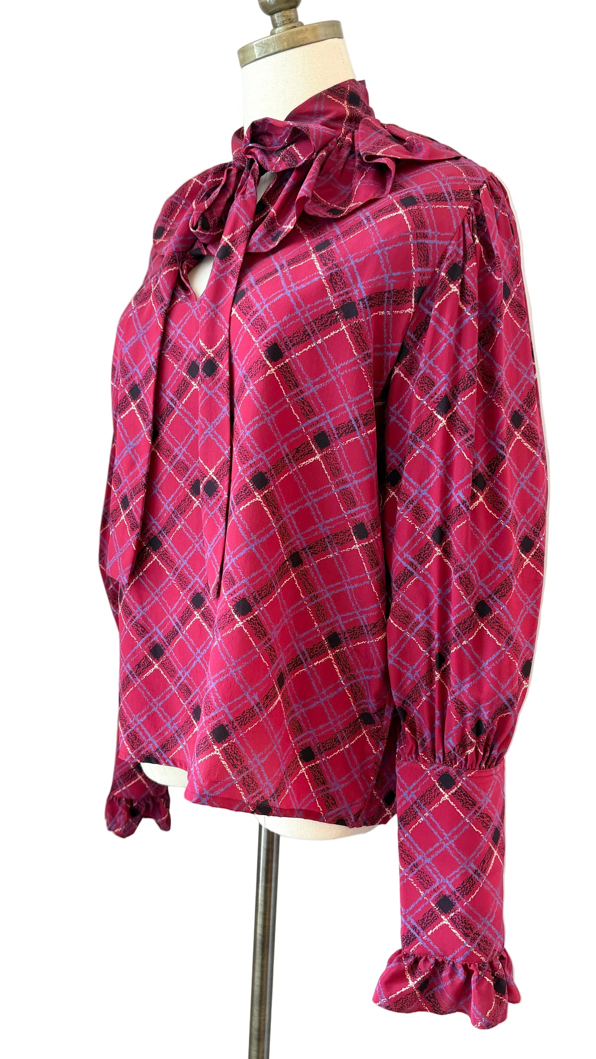 1970s Yves Saint Laurent Burgundy Plaid Silk Blouse with Ruffled Neckline, Cuffs & Neck Tie