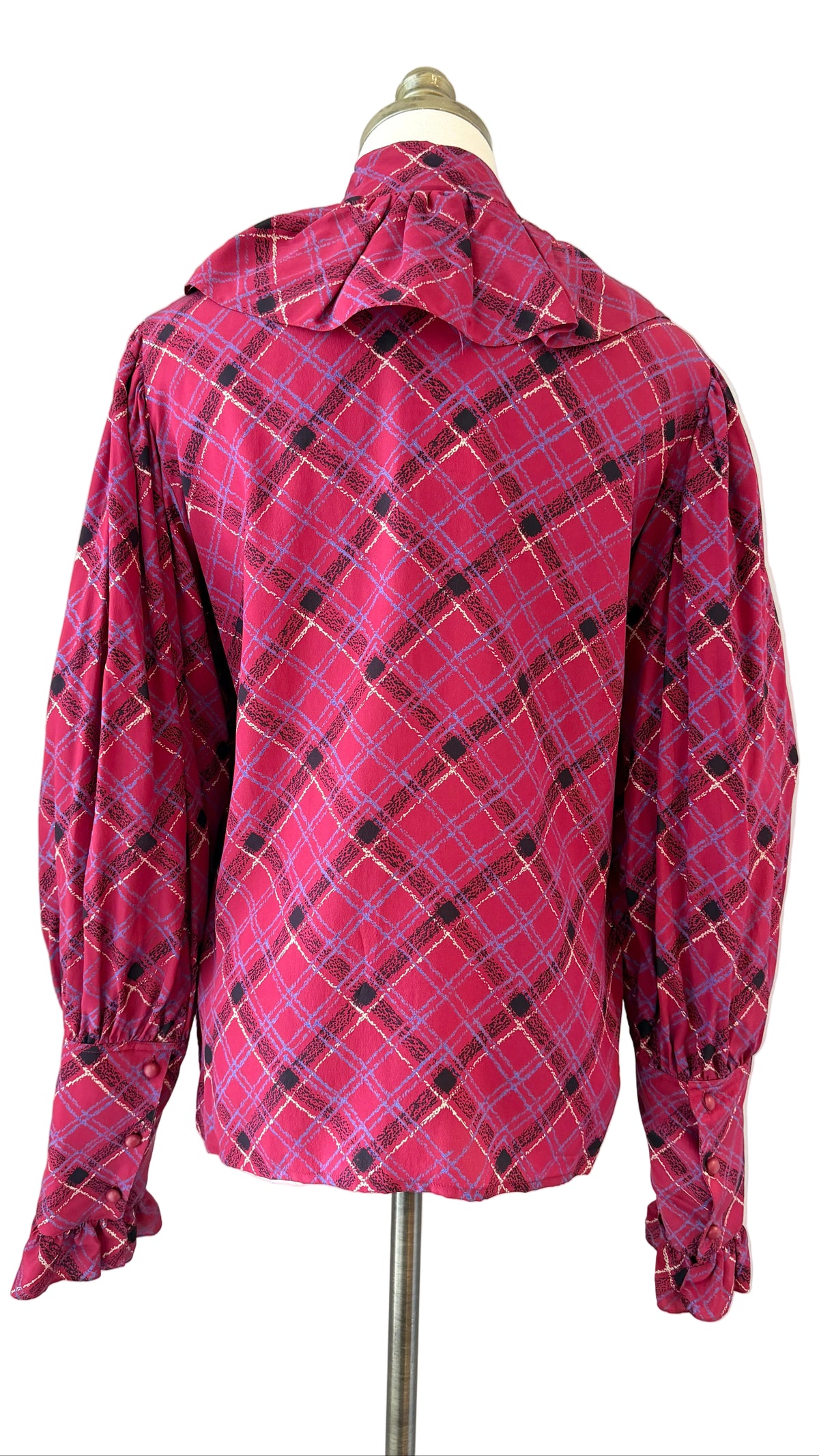 1970s Yves Saint Laurent Burgundy Plaid Silk Blouse with Ruffled Neckline, Cuffs & Neck Tie