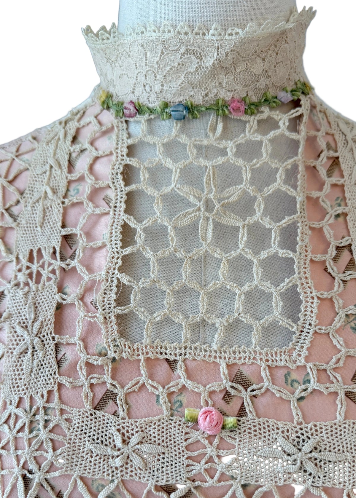 1970s Upcycled Antique Lace & Hand-Crocheted Romantic Blouse with Mock Neck & Drawstring Details