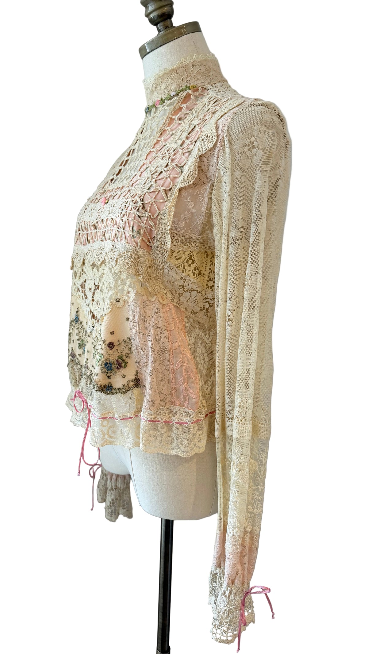 1970s Upcycled Antique Lace & Hand-Crocheted Romantic Blouse with Mock Neck & Drawstring Details