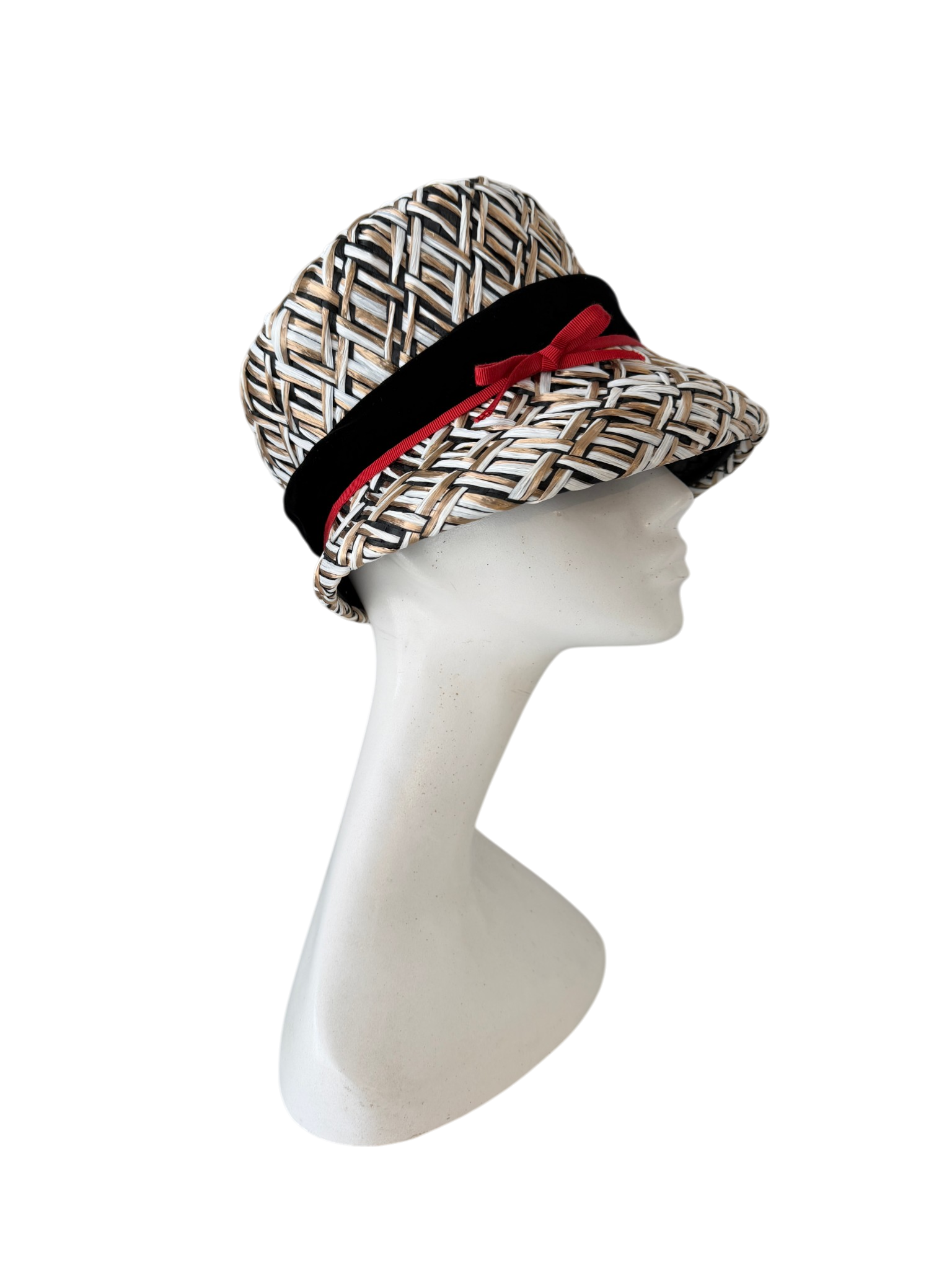 1950s Woven Raffia Bucket Hat with Velvet and Grosgrain Ribbon Detail