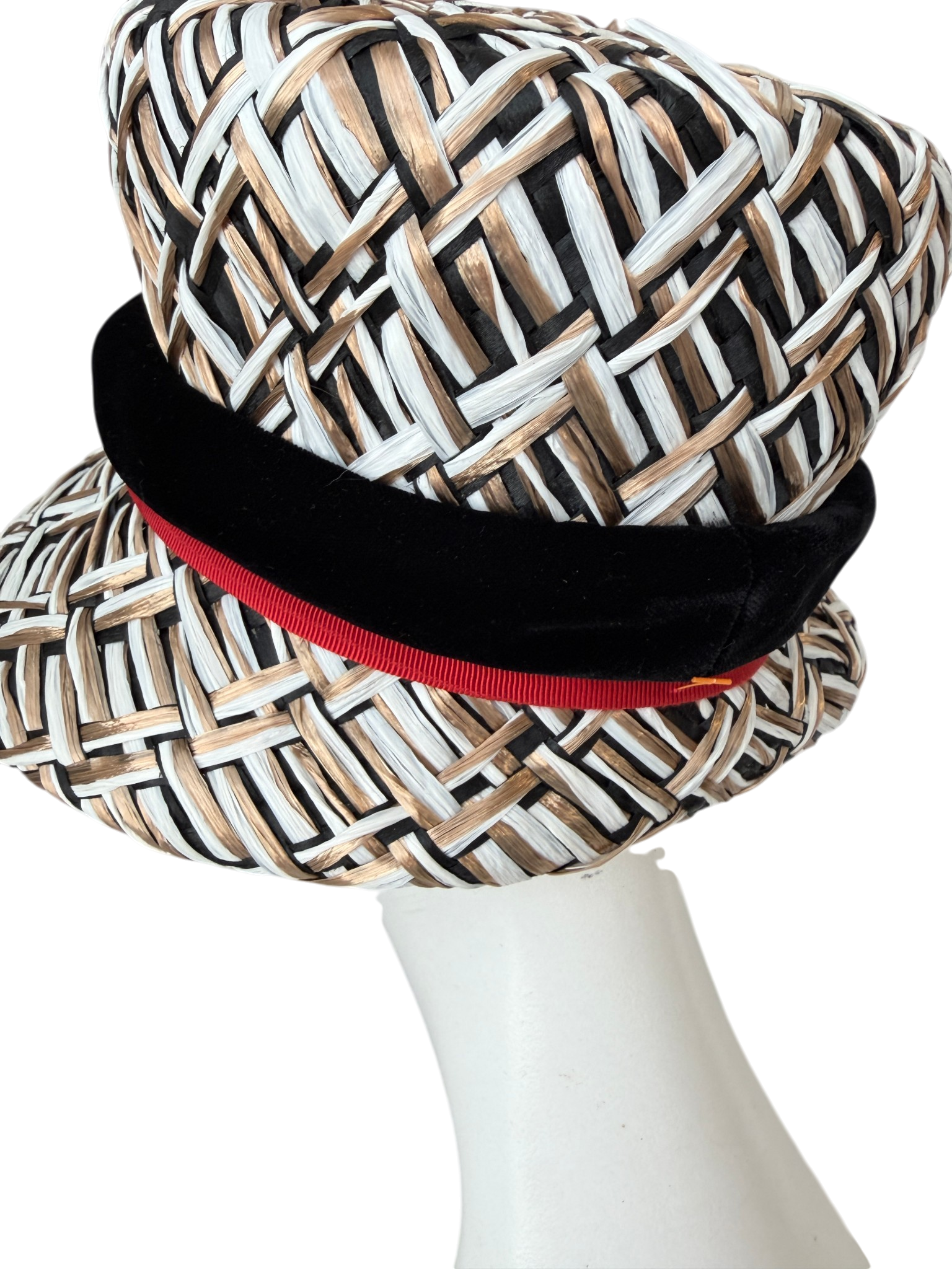 1950s Woven Raffia Bucket Hat with Velvet and Grosgrain Ribbon Detail