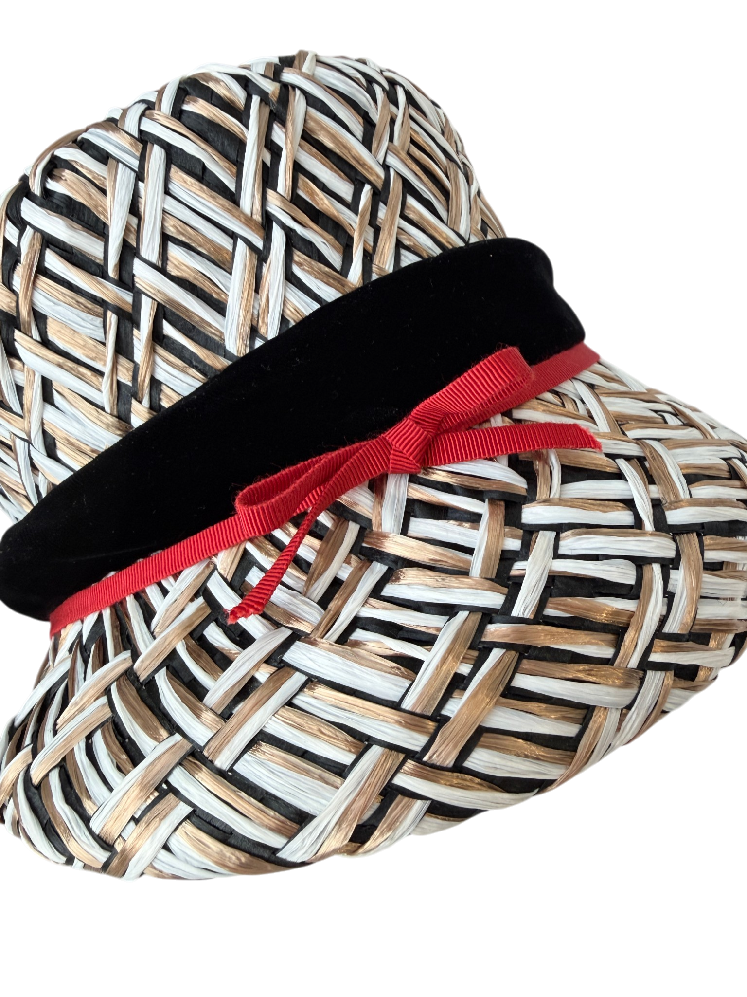 1950s Woven Raffia Bucket Hat with Velvet and Grosgrain Ribbon Detail