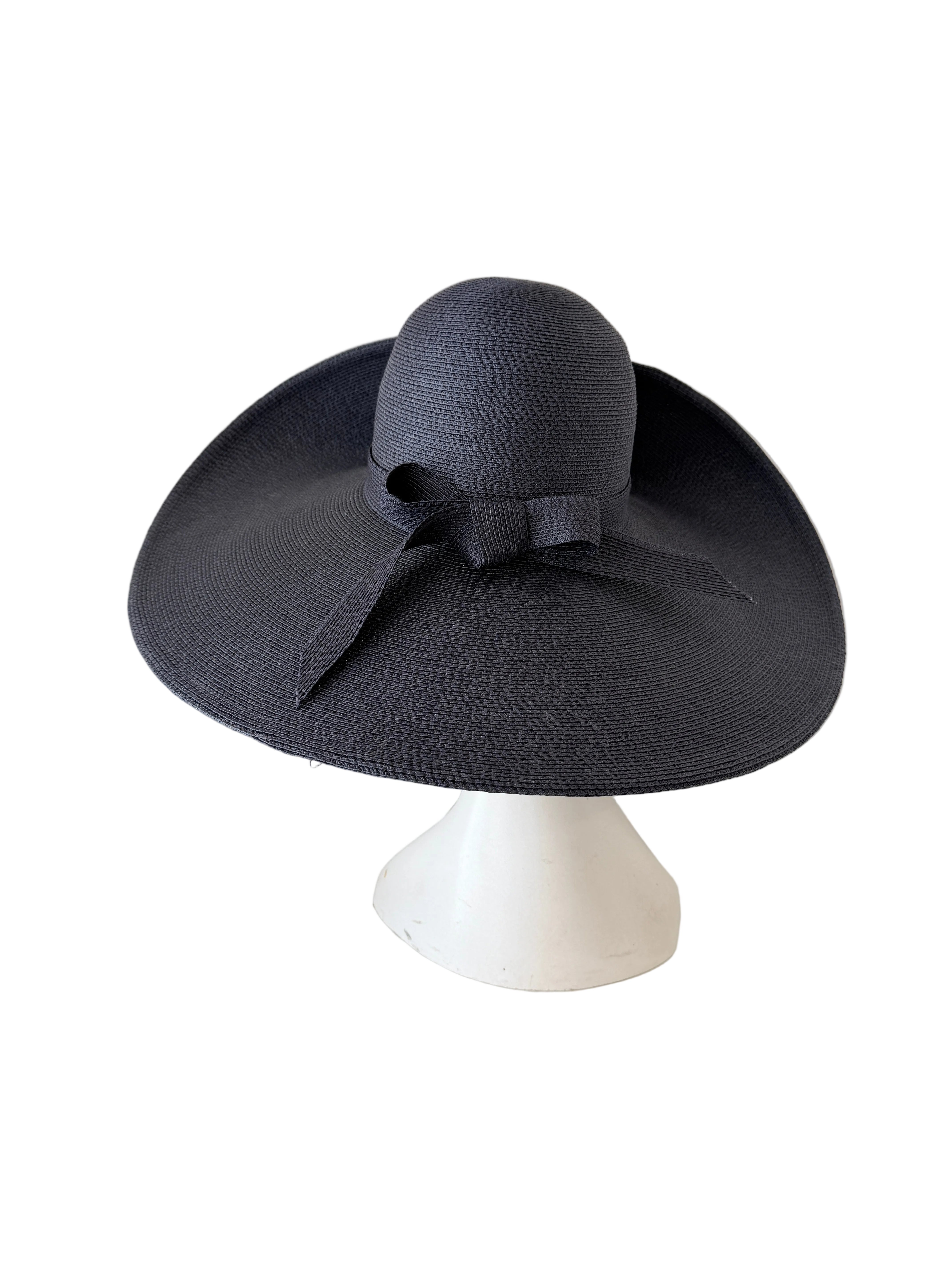 1980s Frank Olive Navy Straw Wide Brim Sun Hat with Bow Band (Private Collection)