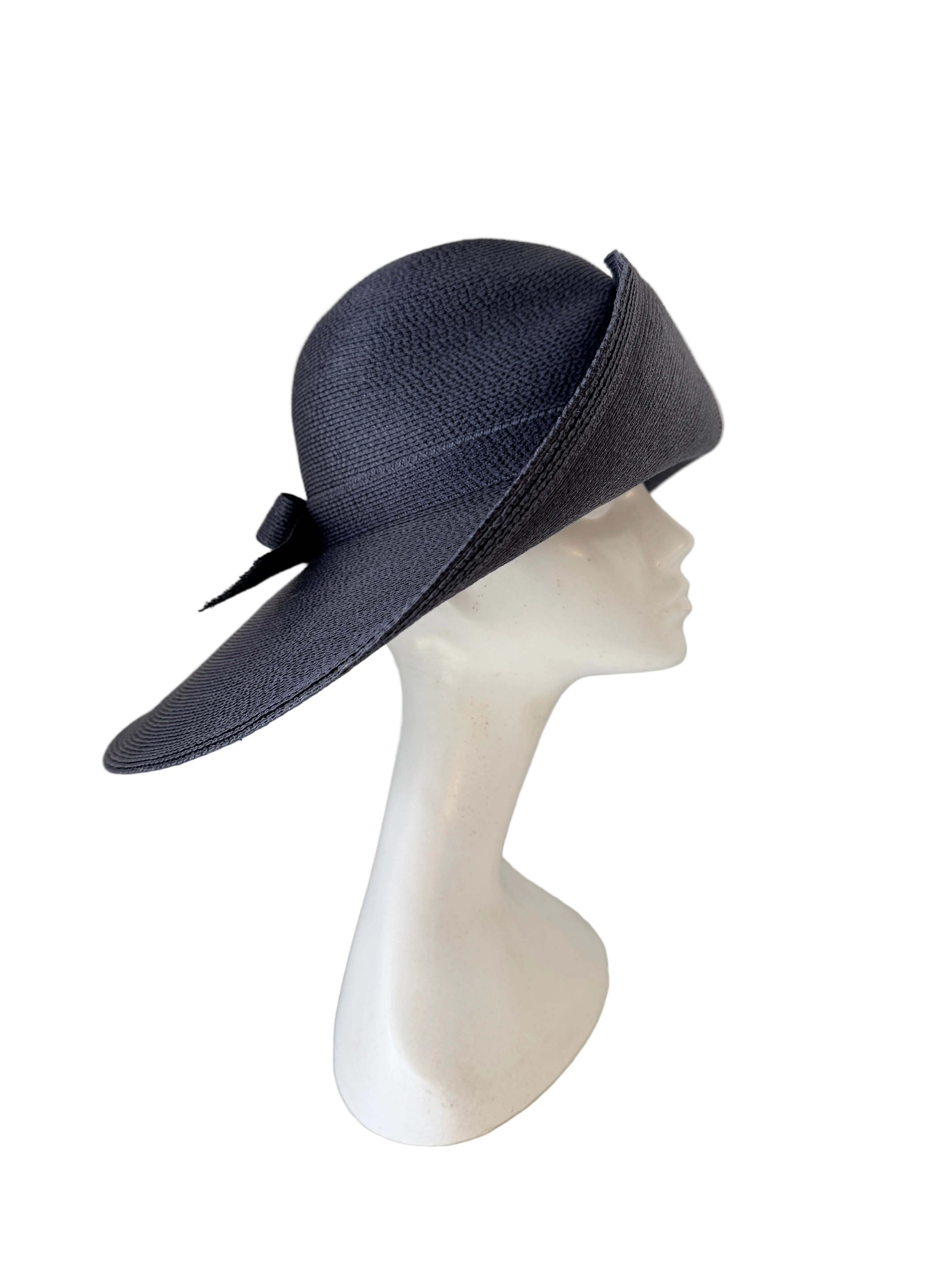 1980s Frank Olive Navy Straw Wide Brim Sun Hat with Bow Band (Private Collection)