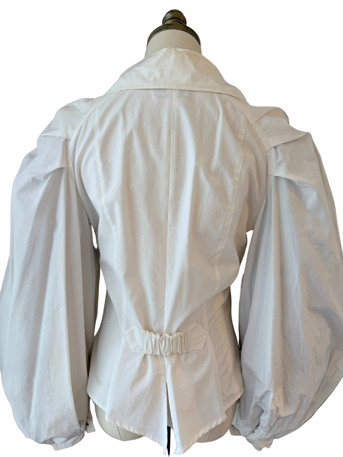 1990s Christian Lacroix White Poplin Balloon-Sleeve Blouse with Oversized Bow & Gold Ball Buttons
