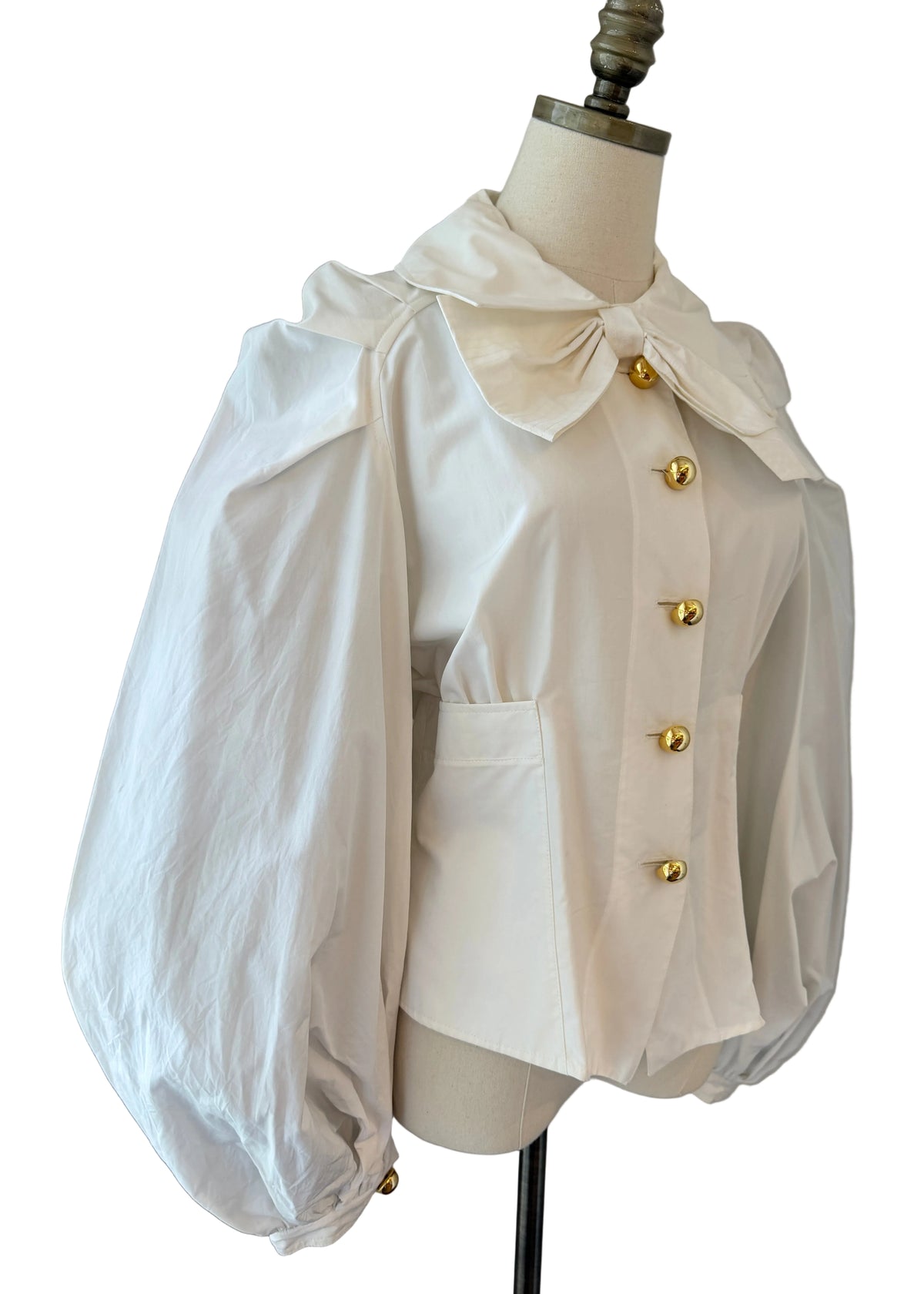 1990s Christian Lacroix White Poplin Balloon-Sleeve Blouse with Oversized Bow & Gold Ball Buttons