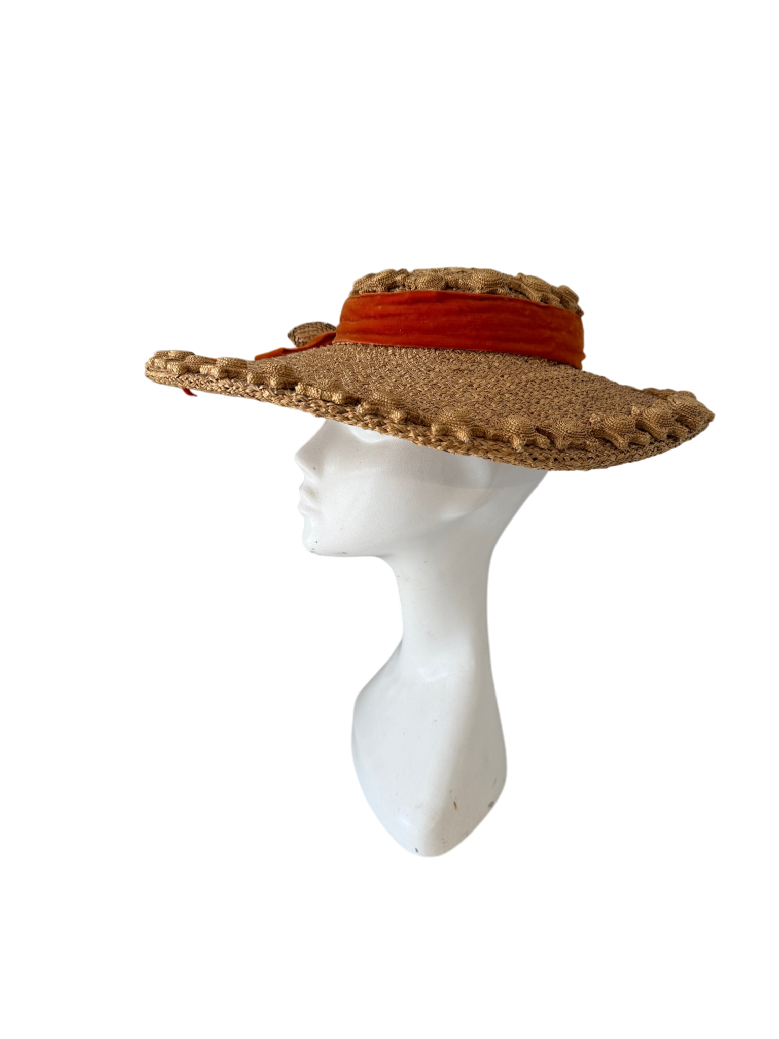 1950s Quality House Chapeaux natural straw fascinator hat with starafish and acorn details finished with an orange velvet bow band