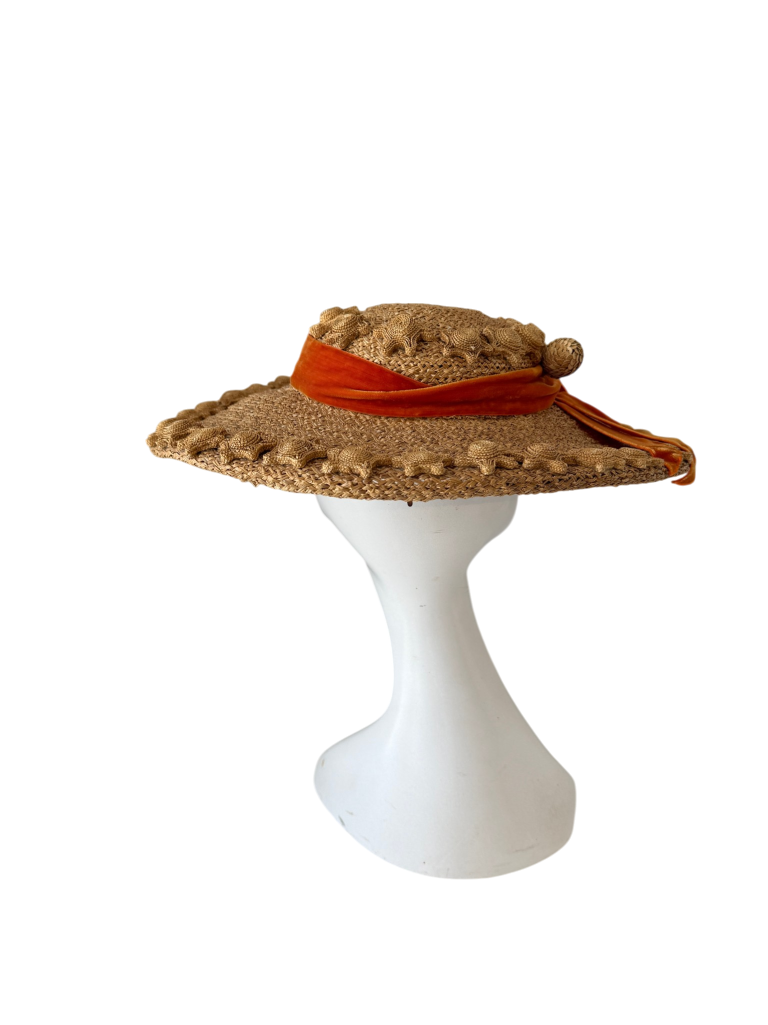 1950s Quality House Chapeaux natural straw fascinator hat with starafish and acorn details finished with an orange velvet bow band