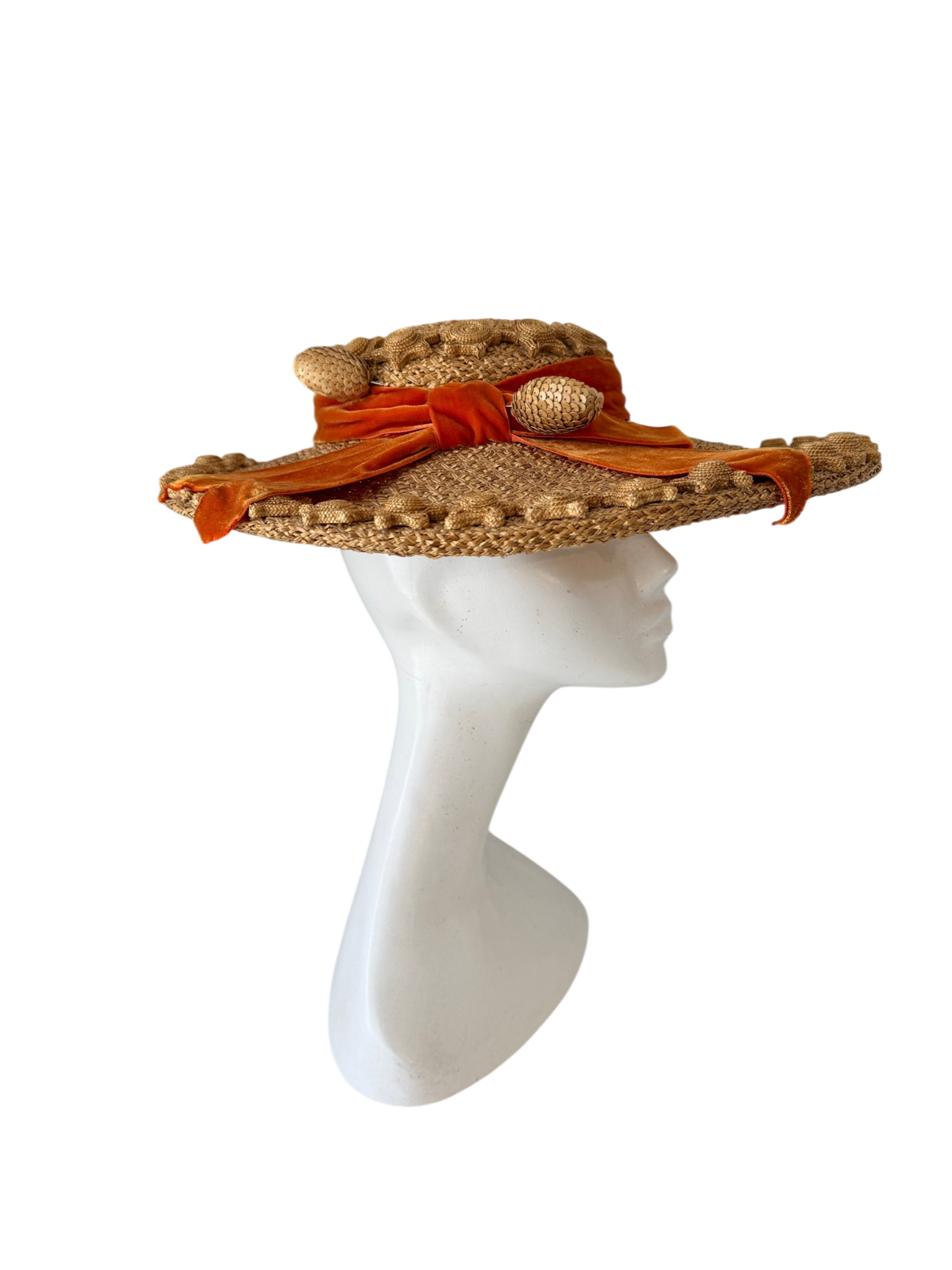 1950s Quality House Chapeaux natural straw fascinator hat with starafish and acorn details finished with an orange velvet bow band