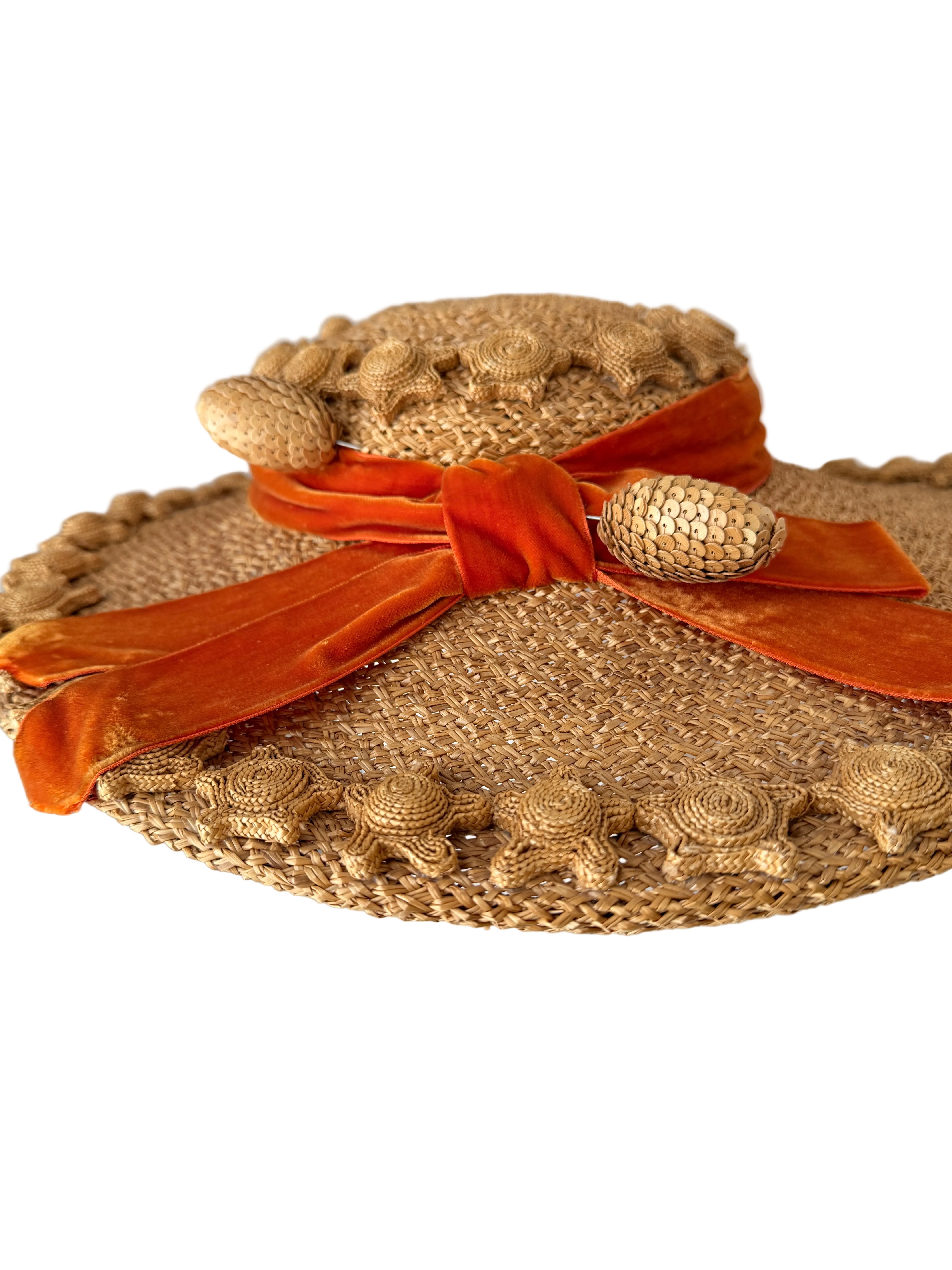 1950s Quality House Chapeaux natural straw fascinator hat with starafish and acorn details finished with an orange velvet bow band
