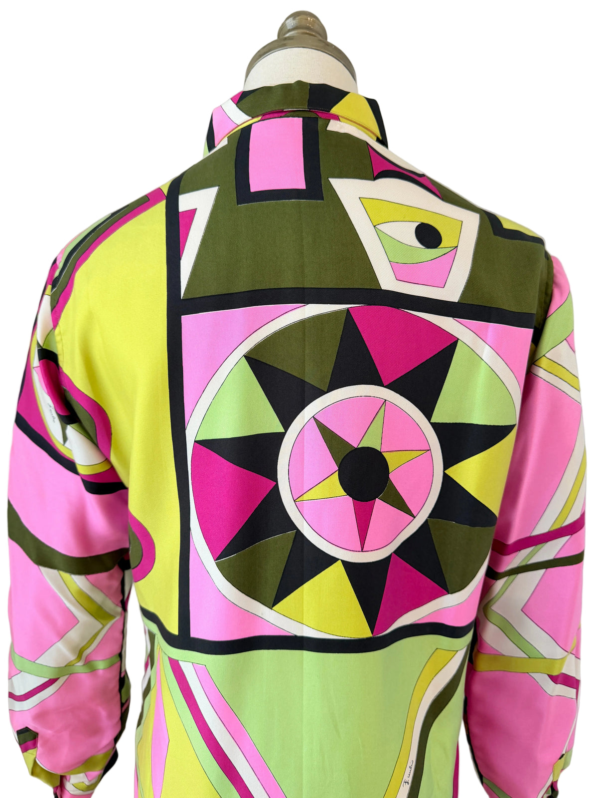 1960s Emilio Pucci for Saks Fifth Avenue Italian Silk Geometric Print Button-Front Blouse