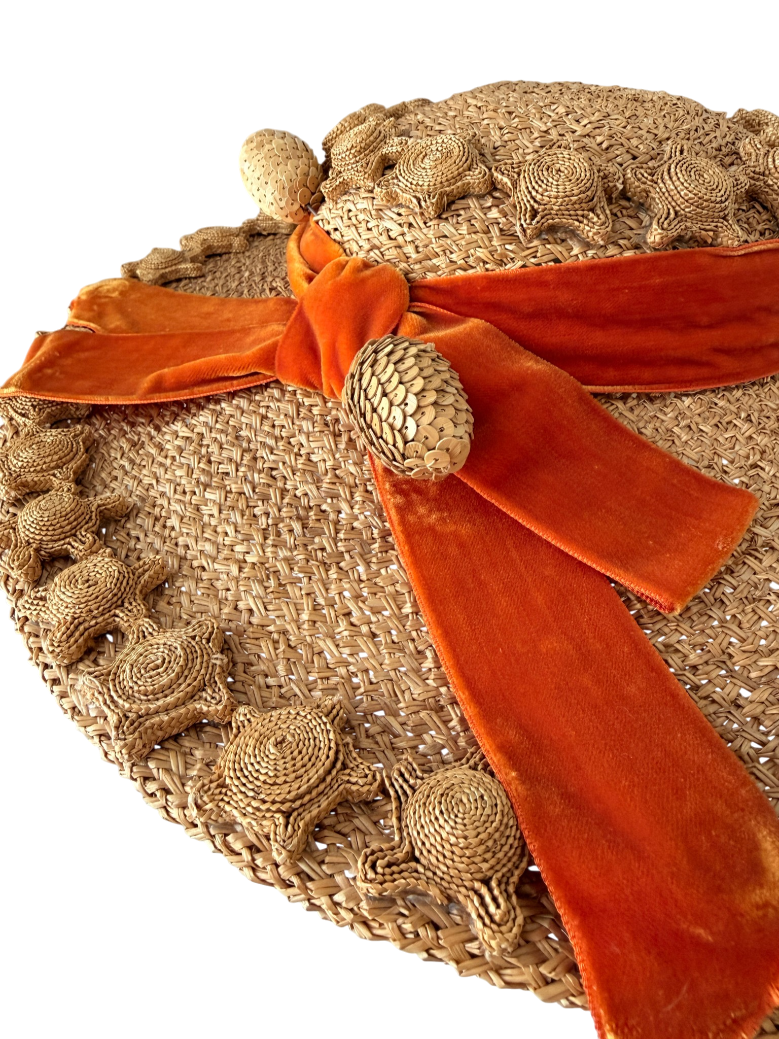 1950s Quality House Chapeaux natural straw fascinator hat with starafish and acorn details finished with an orange velvet bow band