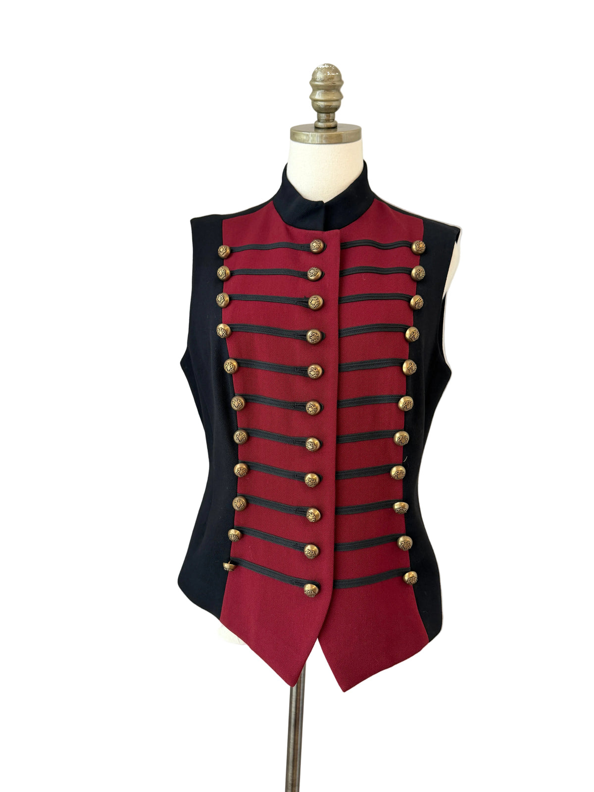 1980s DKNY Burgundy & Black Wool Military-Inspired Vest with Triple Brass Buttons