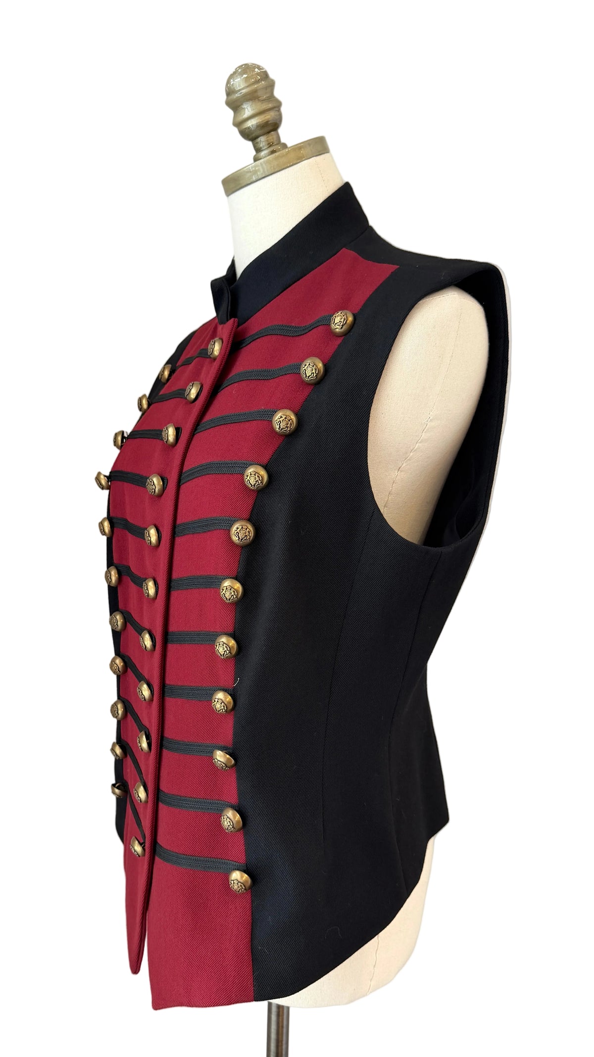 1980s DKNY Burgundy & Black Wool Military-Inspired Vest with Triple Brass Buttons