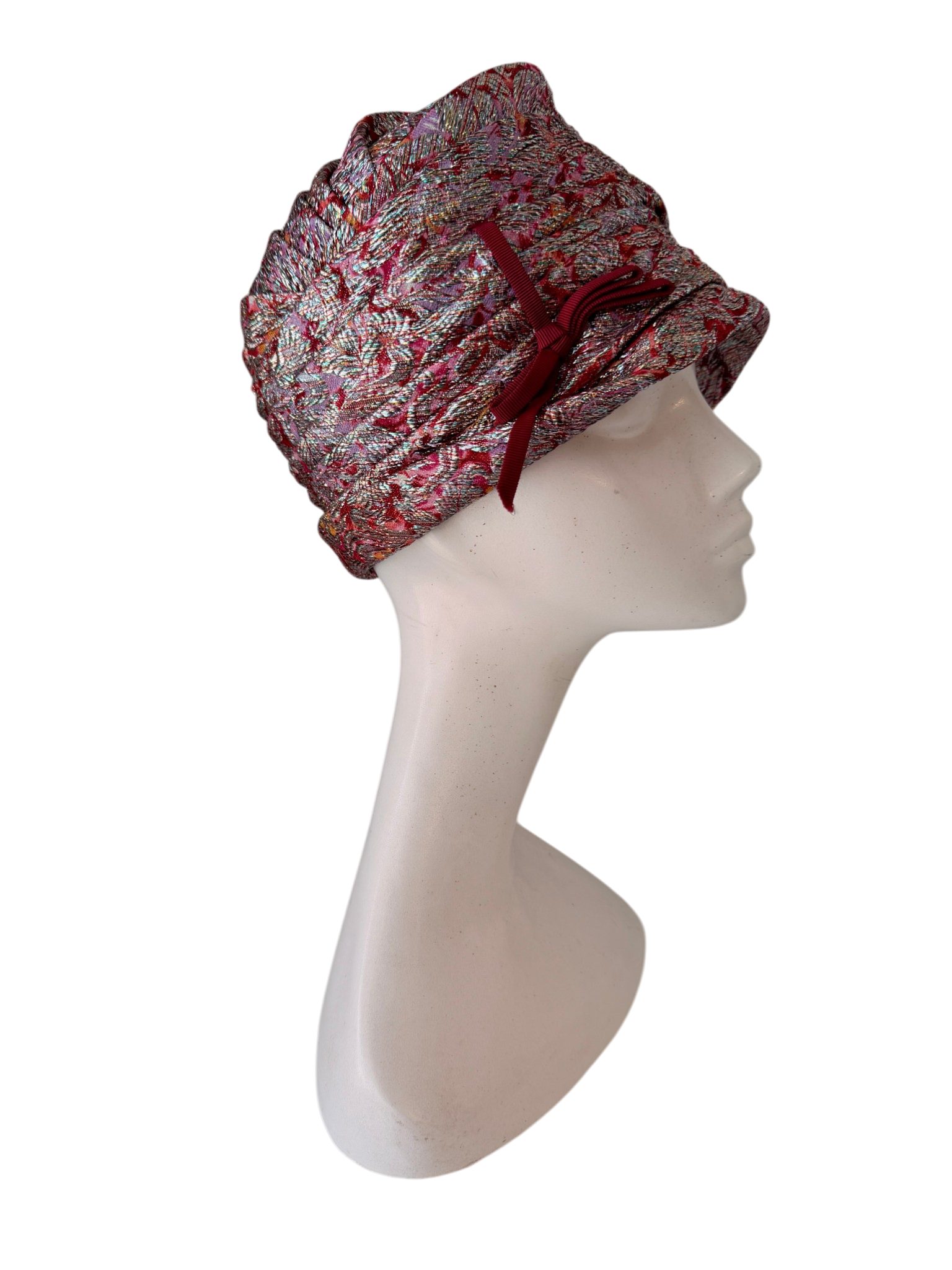 1950s Jacqueline Original Magenta & Silver Lamé Pleated Turban Hat