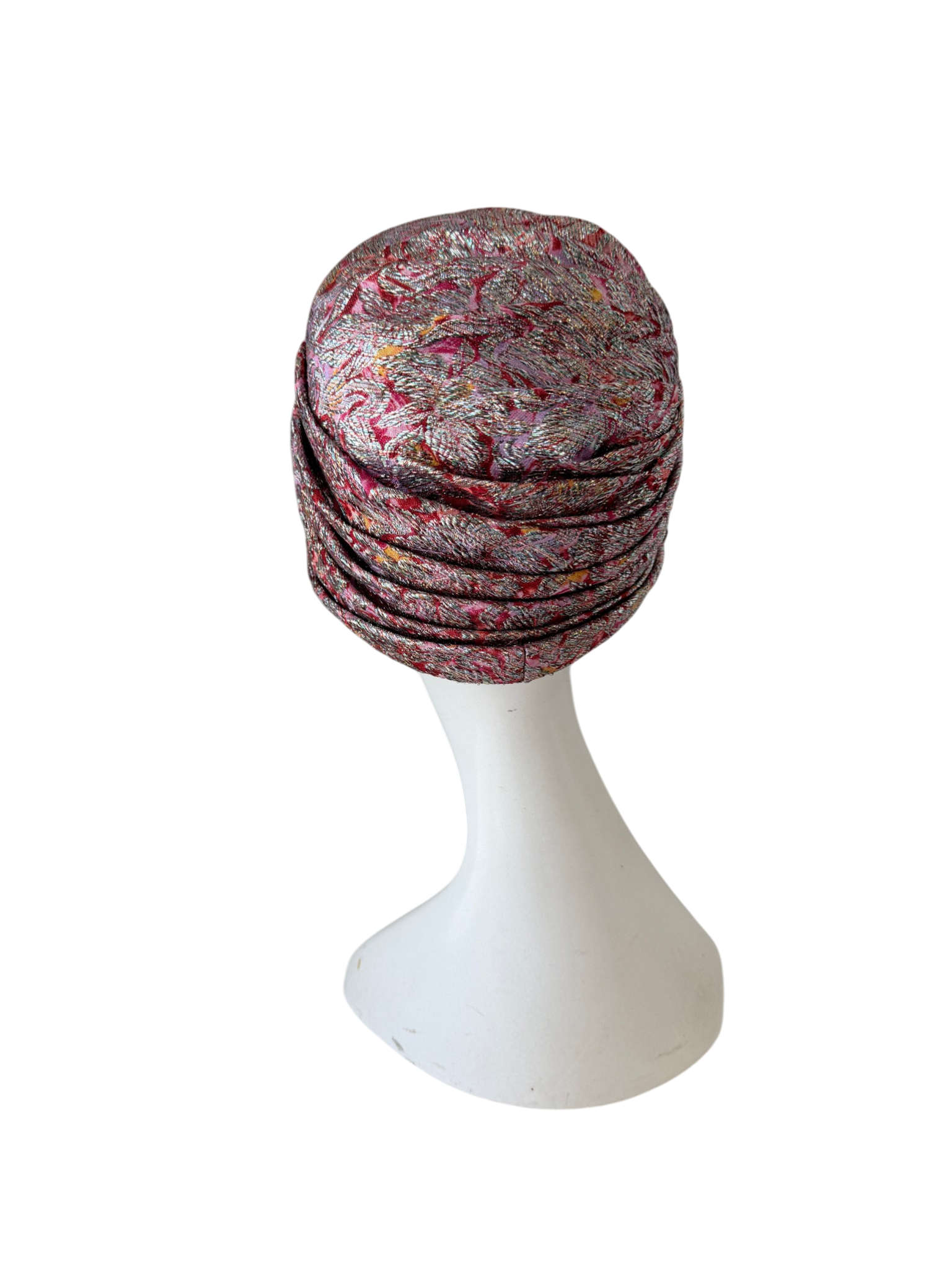 1950s Jacqueline Original Magenta & Silver Lamé Pleated Turban Hat