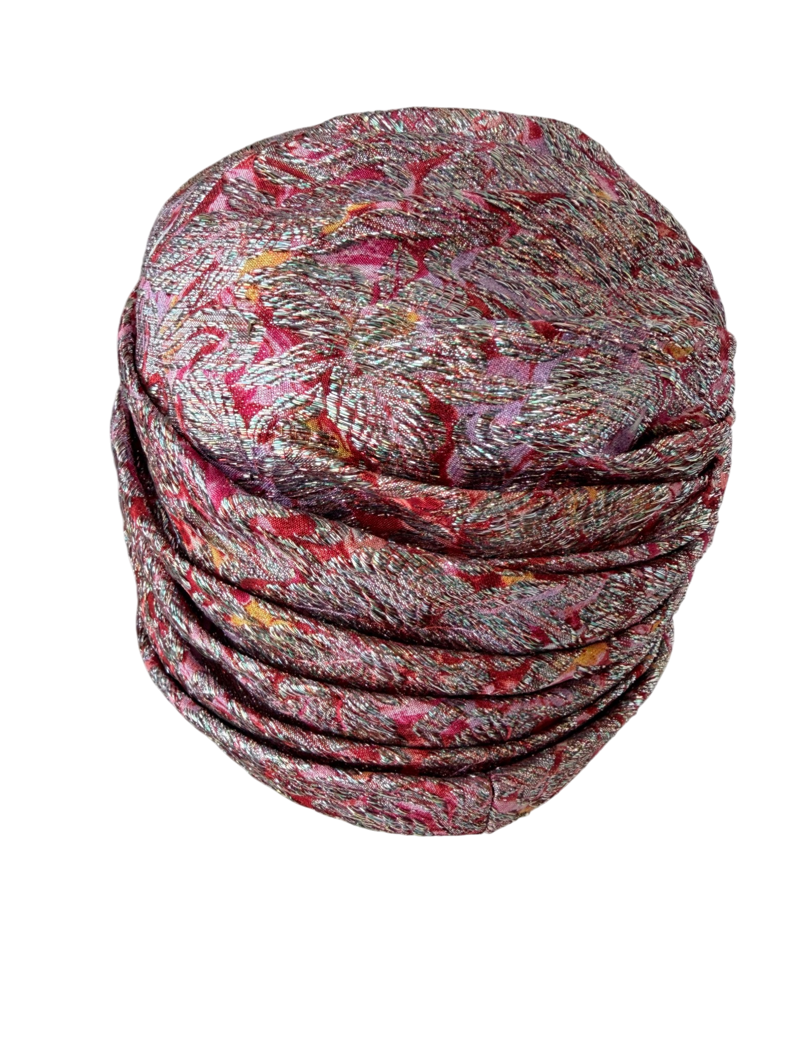 1950s Jacqueline Original Magenta & Silver Lamé Pleated Turban Hat