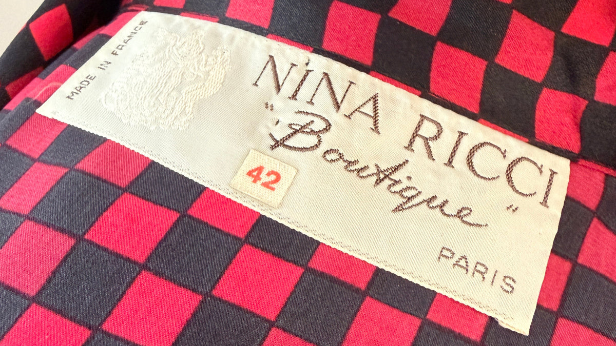 1970s Nina Ricci Black & Red Checkered Silk Blouse