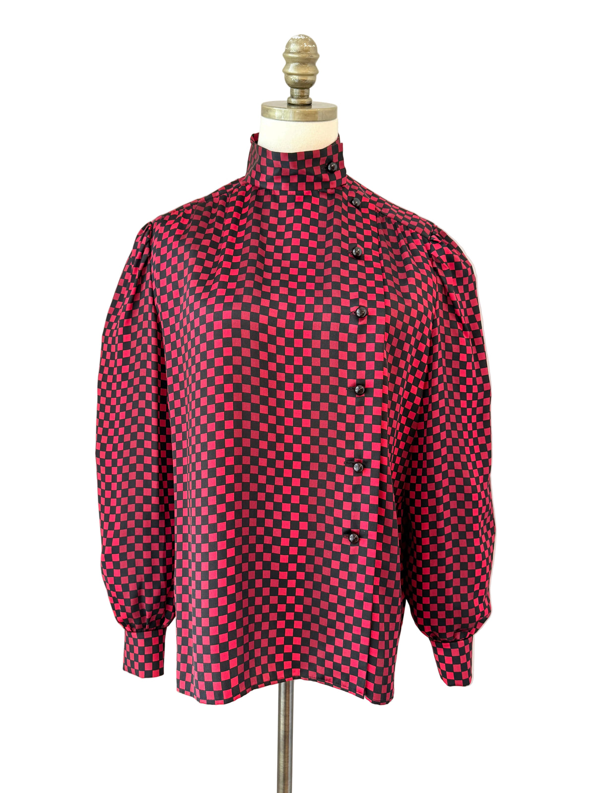 1970s Nina Ricci Black & Red Checkered Silk Blouse